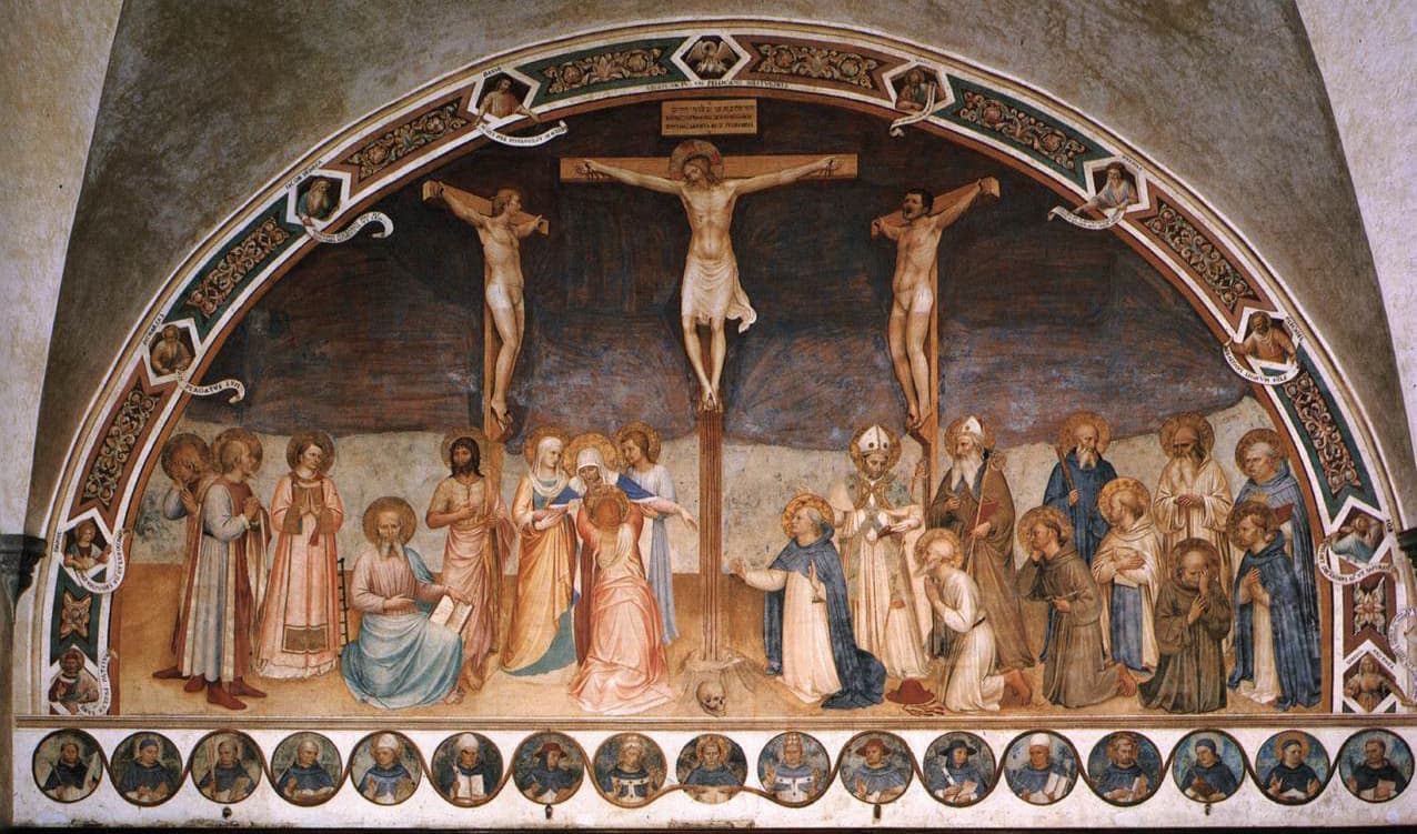 A fresco in a half-round arch of Jesus on the cross between the two crucified thieves against a dark purple sky, with Mary fainting among the women and John on the left, a crowd of kneeling and standing saints on the right, and a row of round portraits of friars along the base.