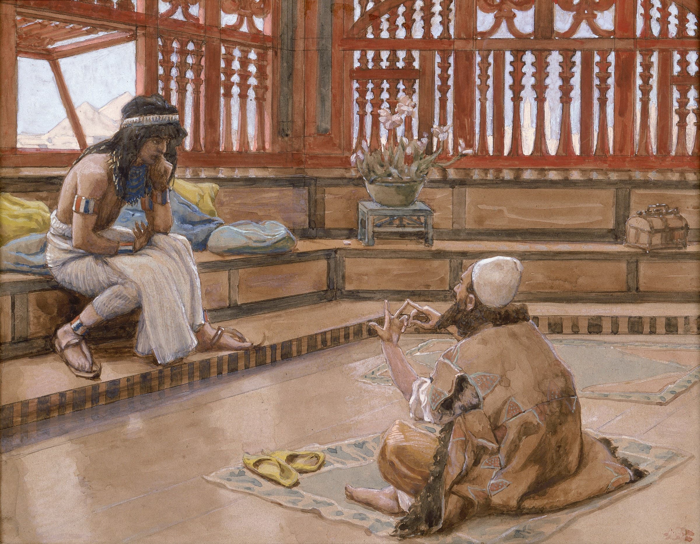 Joseph, in Egyptian dress with a headband and armlets, sits on a raised bench in a room screened with red wooden lattice, while Judah, bearded and in a cap, sits on a mat below him and raises his hands as he speaks.