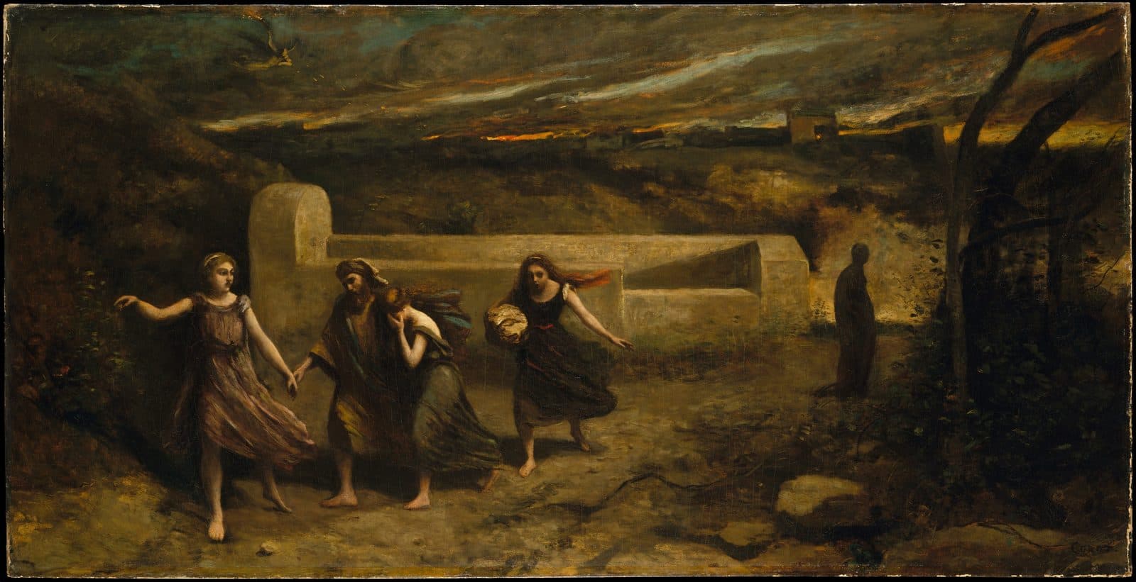 Camille Corot's painting of Lot and three women hurrying down a stony road at dusk, a dark standing figure at the right, and the city burning on the horizon under a smoky sky
