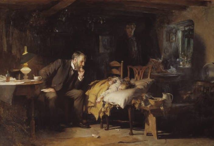 A painting of a dim cottage room lit by a lamp where a bearded doctor sits leaning forward with his chin in his hand, watching a sick child asleep on cushions laid across two chairs, while the father stands in the shadows behind.