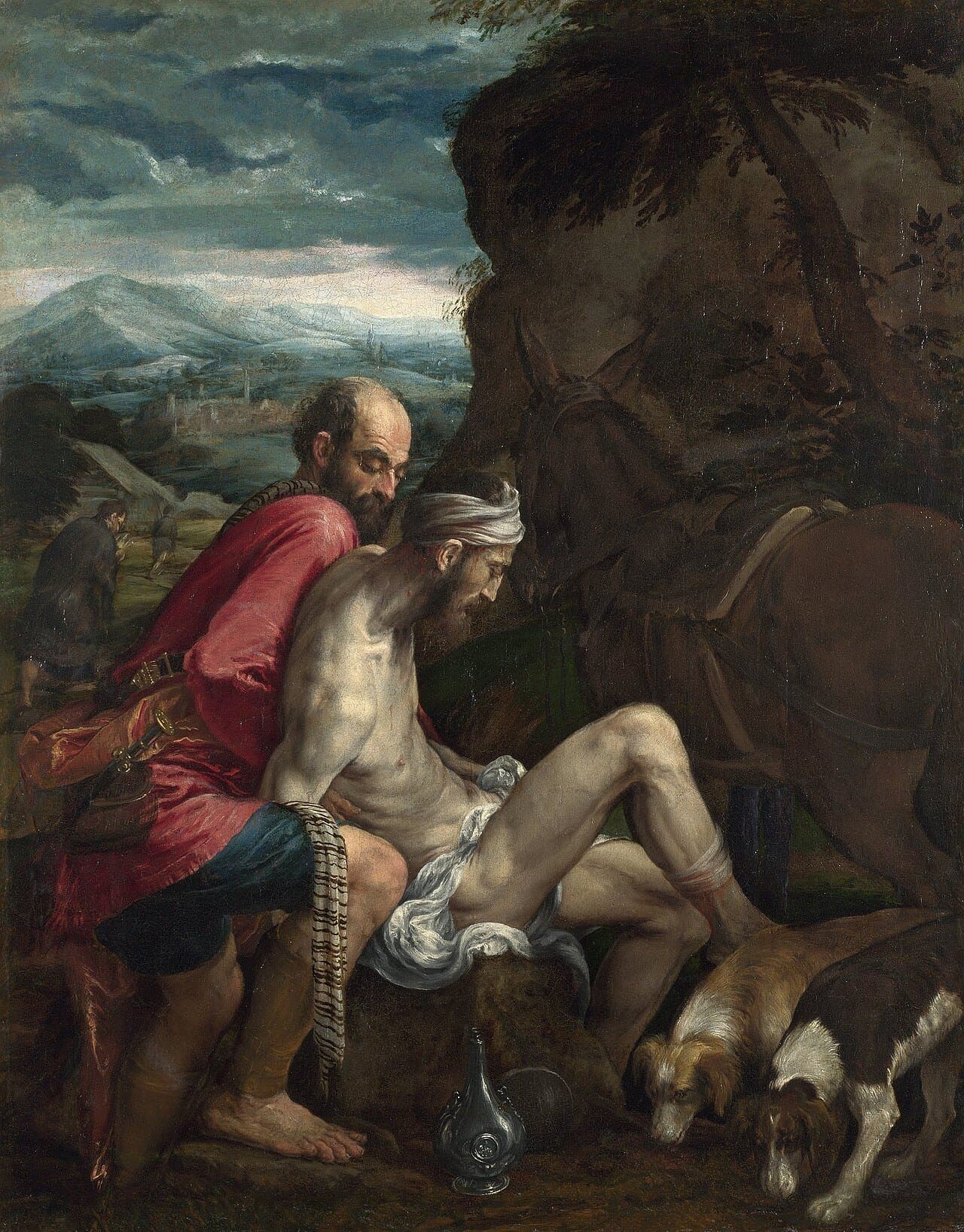 A painting of a man in a red coat lifting a wounded, half-naked man with a bandaged head beside a horse, two dogs at their feet, while two travellers walk away along the road behind.