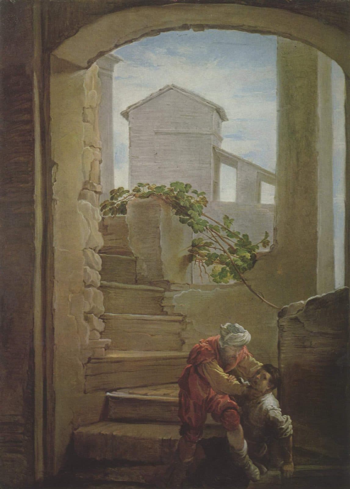 Under a stone arch at the foot of a broken stair, a bearded man in a turban and a red coat seizes a younger man by the throat. A white house and a wall with a vine stand beyond the arch against a pale sky.