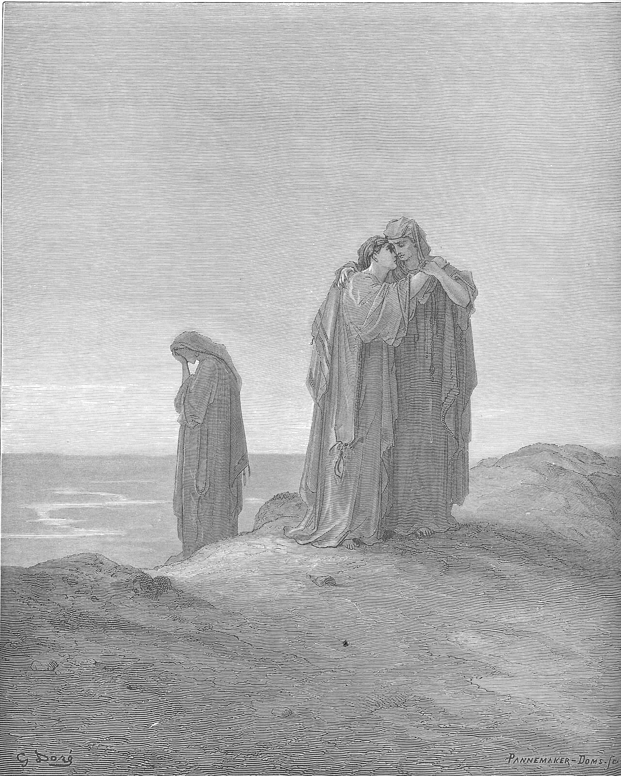 On a bare hilltop above a wide plain, two women in long robes embrace with their heads together, while a third woman walks away to the left with her head bowed and her hand to her face