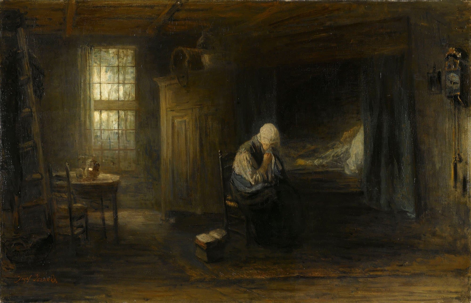 A painting of a dim cottage room where an old woman in a white cap sits bent on a rush chair with a cloth pressed to her face. Beside her a curtained box bed holds a figure lying still under a white sheet, and a window, a small table and a wall clock stand in the shadows.