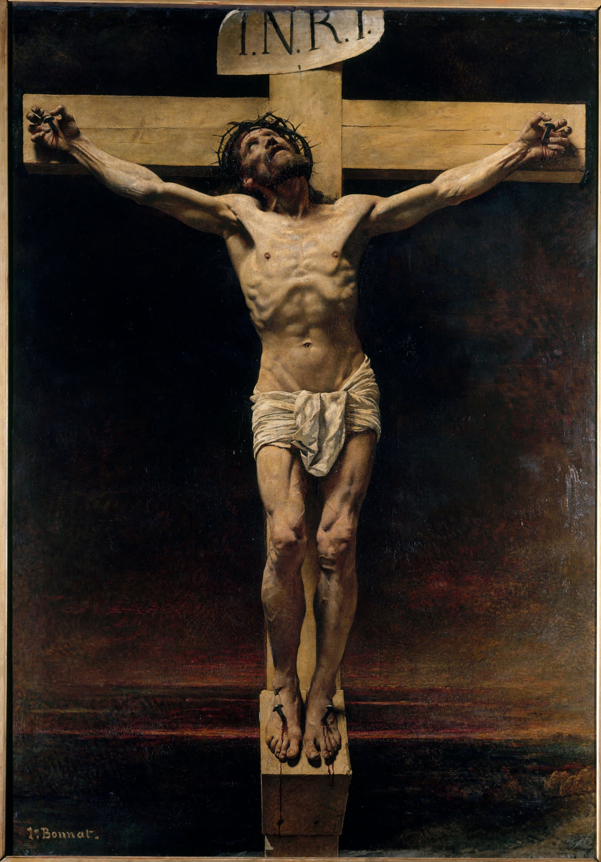 A painting of Christ nailed to a pale wooden cross against a dark ground, His arms stretched wide, His head crowned with thorns and lifted upward, under a board lettered I.N.R.I.