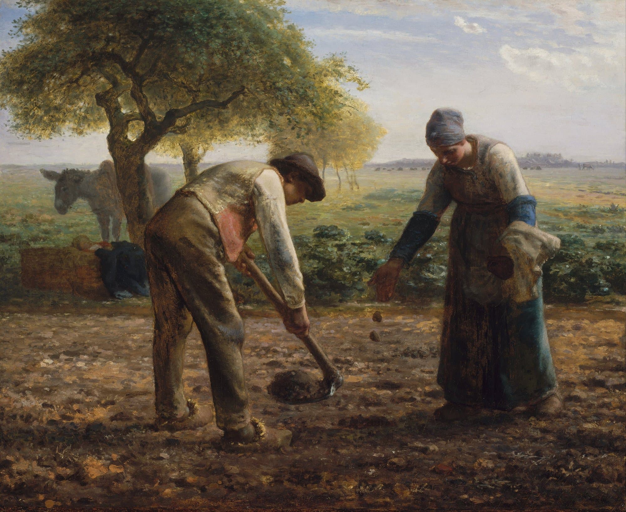 A painting of a man bent over a hoe and a woman dropping seed potatoes into the furrow beside him in a wide field at morning, with a donkey and a sleeping child in a basket under a tree behind them.