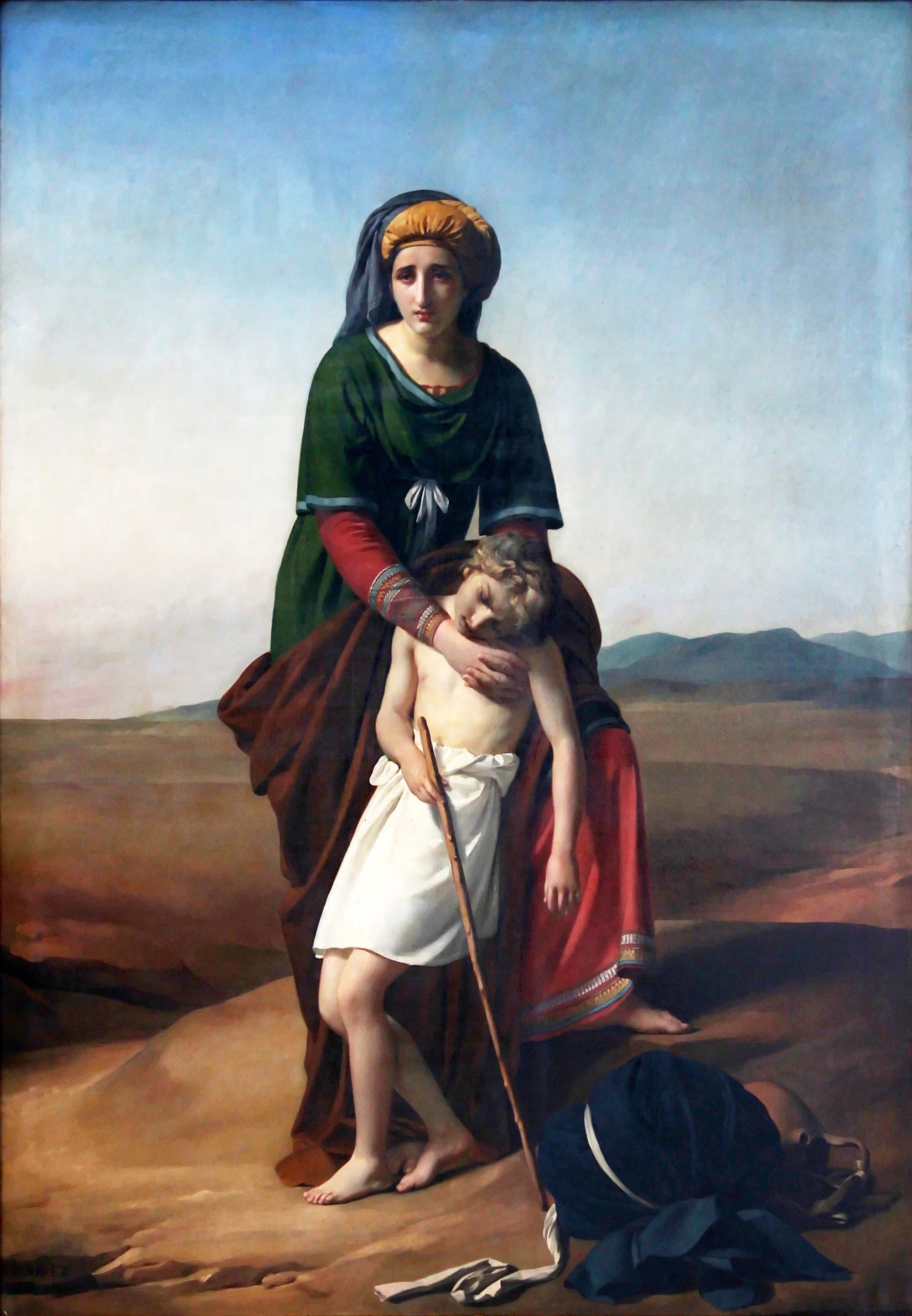 A painting of a woman in a green robe and a gold head cloth standing in a bare desert, tears on her face, holding up a fainting boy who leans against her with a staff in his hand, a water skin and a dark cloak on the ground beside them.