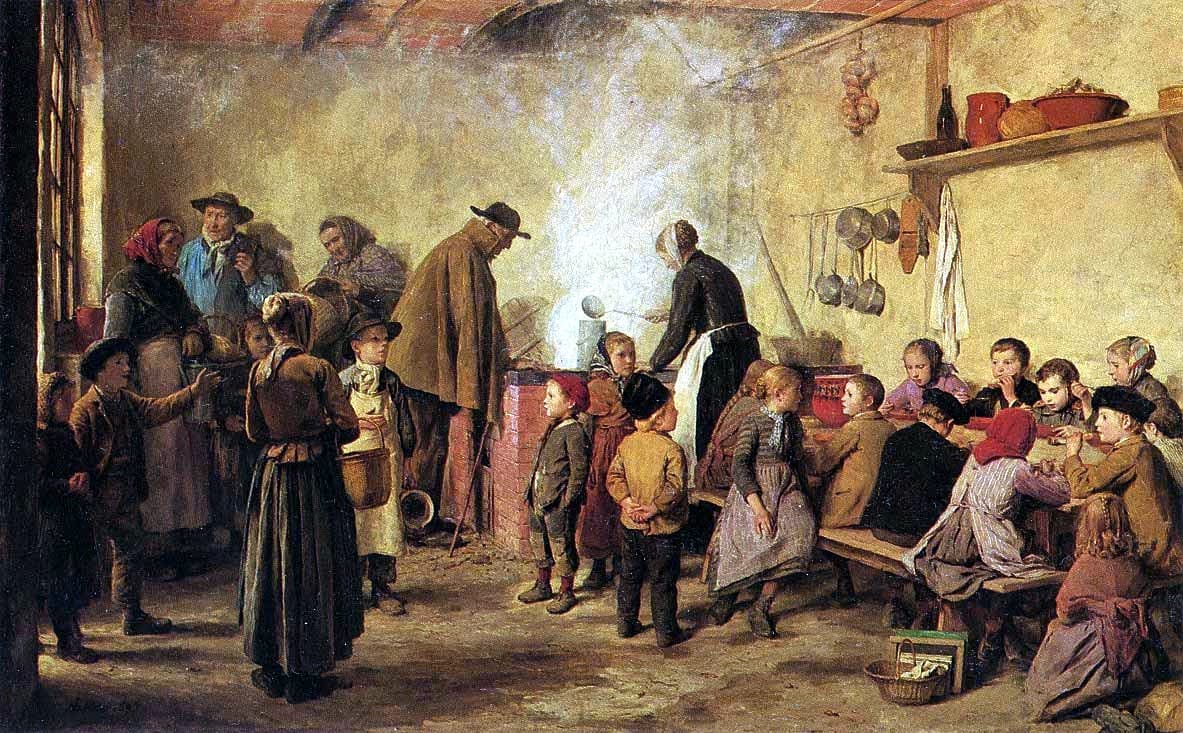 A painting of a plain whitewashed kitchen where children in caps and shawls sit eating at a long table on the right, while a woman in a white apron ladles soup from a steaming pot on a brick stove, an old man in a brown cloak leans on his stick beside her, and village women and boys with baskets wait their turn on the left.