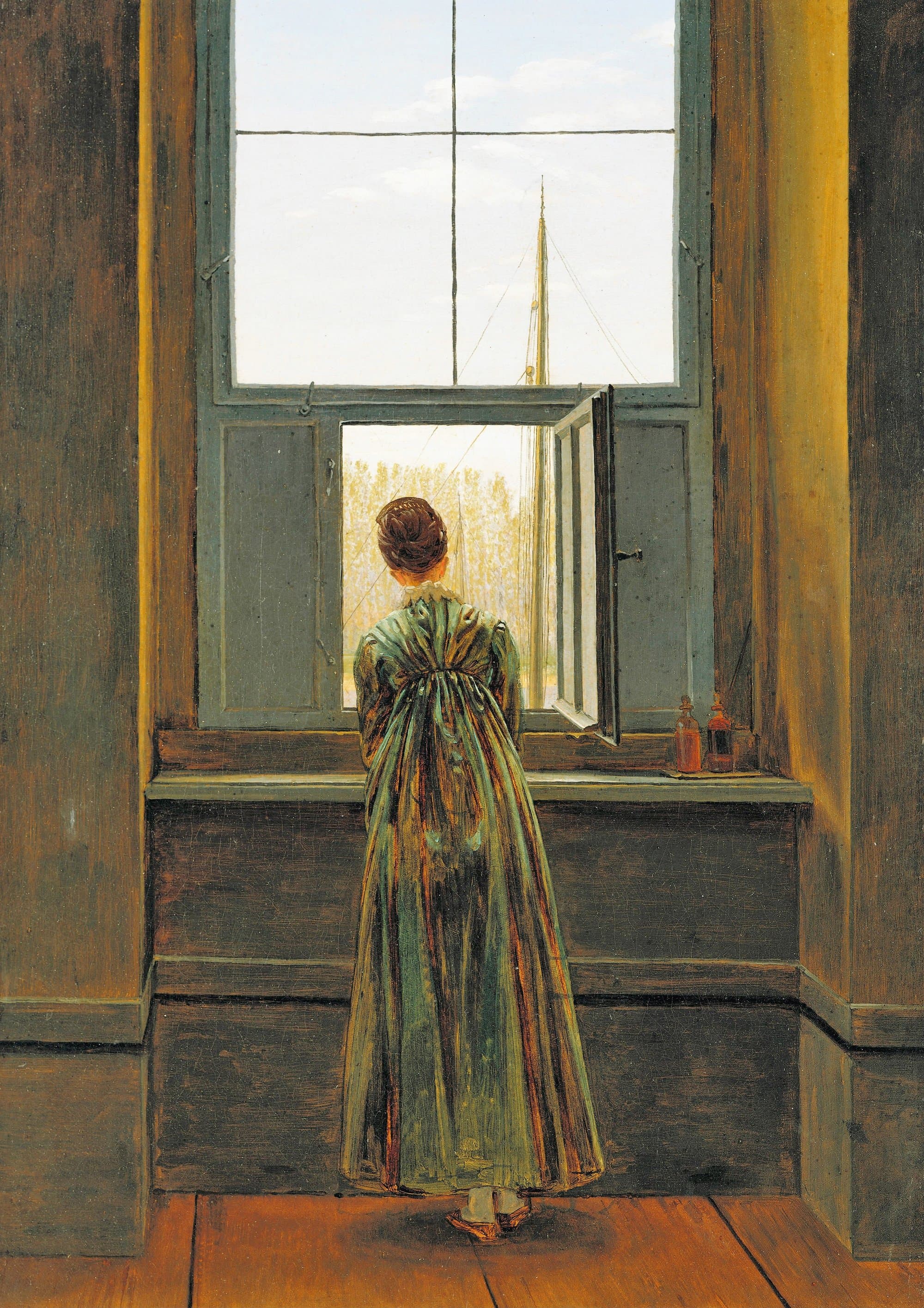 A painting of a woman in a long green dress seen from behind, standing alone at a tall window in a bare brown room and looking out through the open lower shutter at a ship's mast and a row of poplars across a river, with two small bottles on the sill.