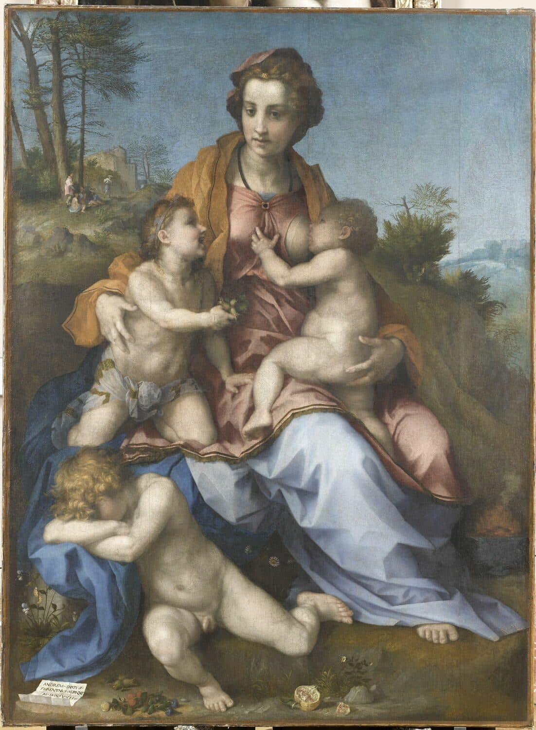 A painting of a seated woman in red and blue holding an infant at her breast while two other children lean against her knees, set against a dark landscape.