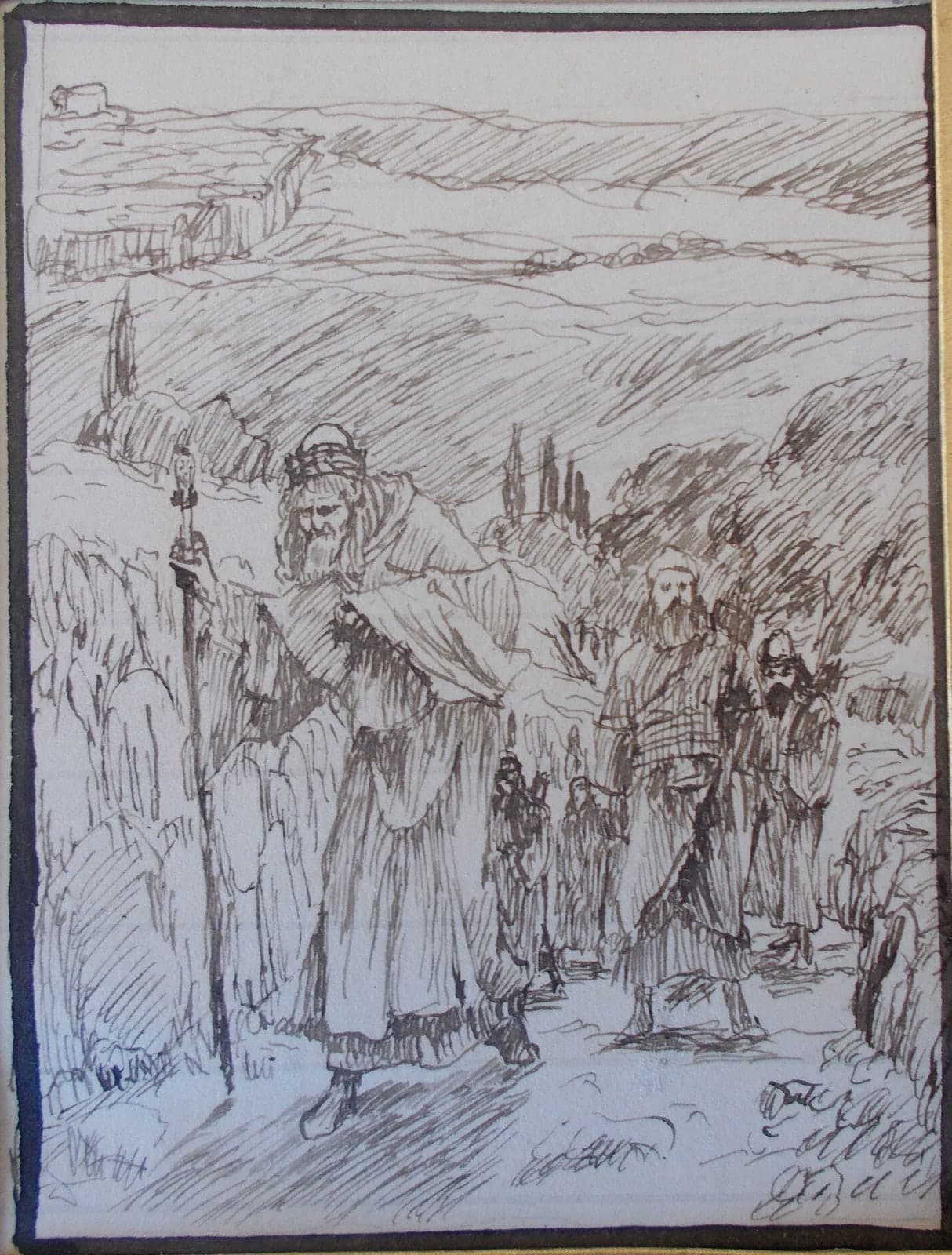 A pen drawing of an old bearded king in a crown and a long cloak, leaning on a staff as he walks down a rocky path away from a walled city on the hills behind him, with bearded men and veiled figures following him.