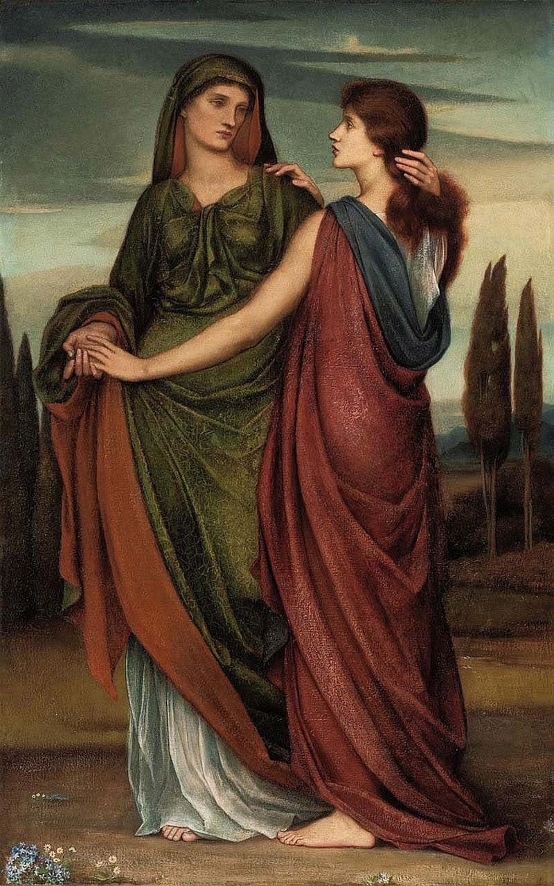 Two barefoot women walk together across a plain under an evening sky with cypress trees behind them; the older woman in a green robe and a red cloak holds the younger woman's hand, and the younger woman in a deep red robe and a blue scarf lays her other hand on the older woman's shoulder and looks up into her face.
