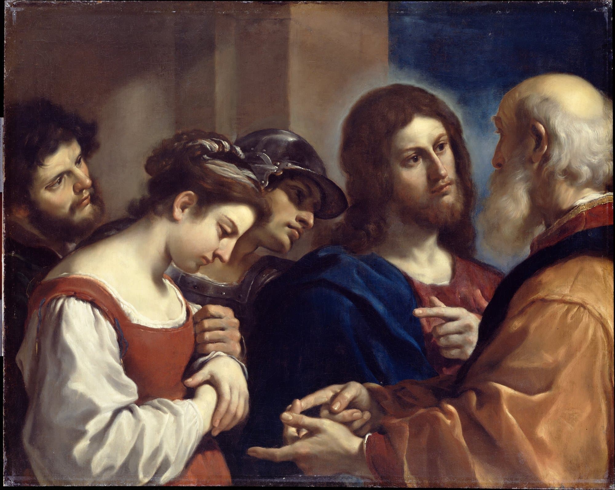 A young woman in a red bodice and white sleeves stands with her head bowed and her hands clasped, held by the arm by a soldier in a helmet, while Jesus in a blue mantle turns toward a white-bearded elder in a gold robe who points at her, and a bearded man looks on from behind.