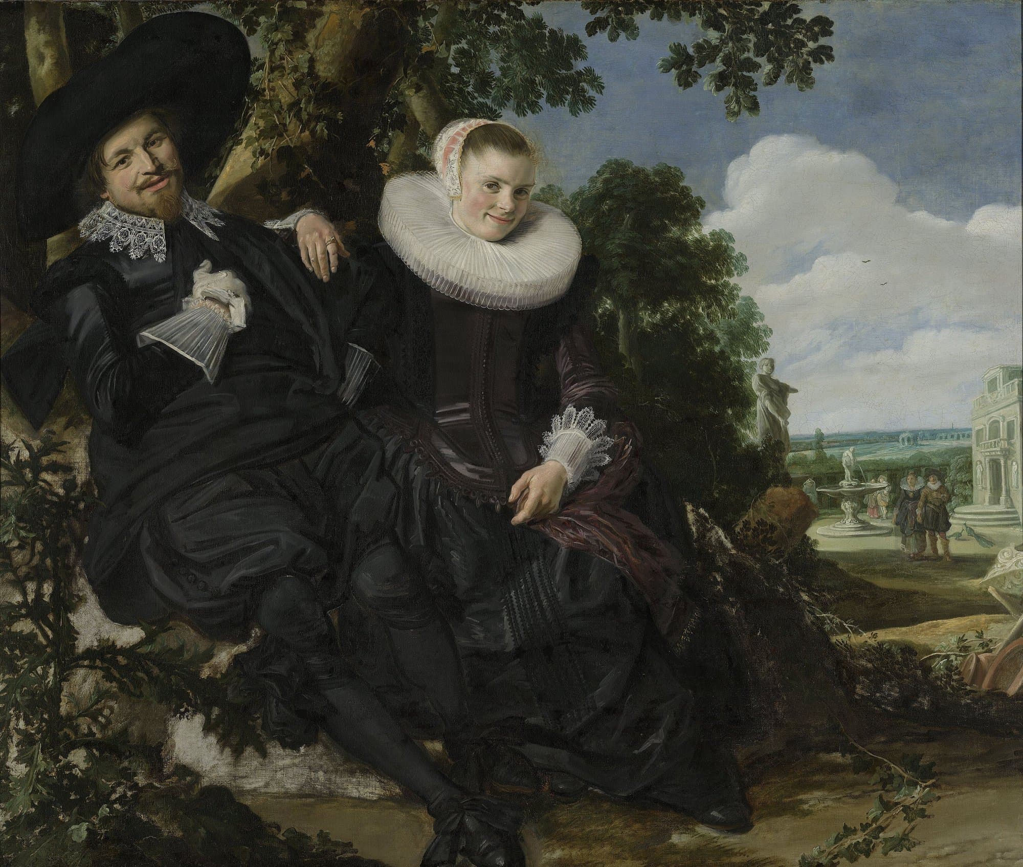 A smiling husband in a broad black hat leans against a tree beside his wife in a white ruff, with a garden and a house in the distance.