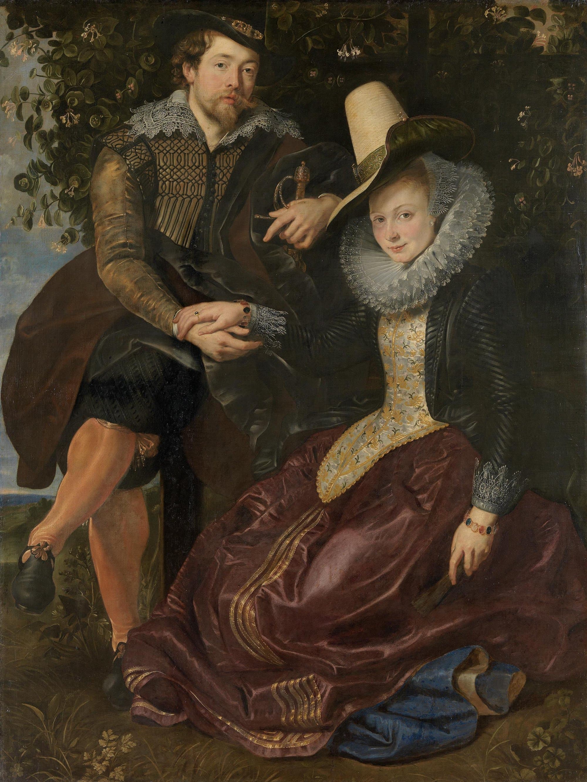 A painted portrait of a young married couple in a bower of honeysuckle, the bearded husband in a gold-sleeved doublet and lace collar seated above, and the wife in a tall straw hat, a broad lace ruff and a dark red skirt seated beside him, her right hand resting in his.
