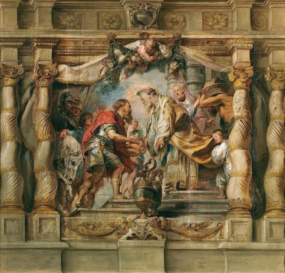 Abram in armour and a red cloak receives bread from Melchizedek, robed as a priest, under a painted stone arch, while a servant carries a basket and a wine jar stands on the step below.