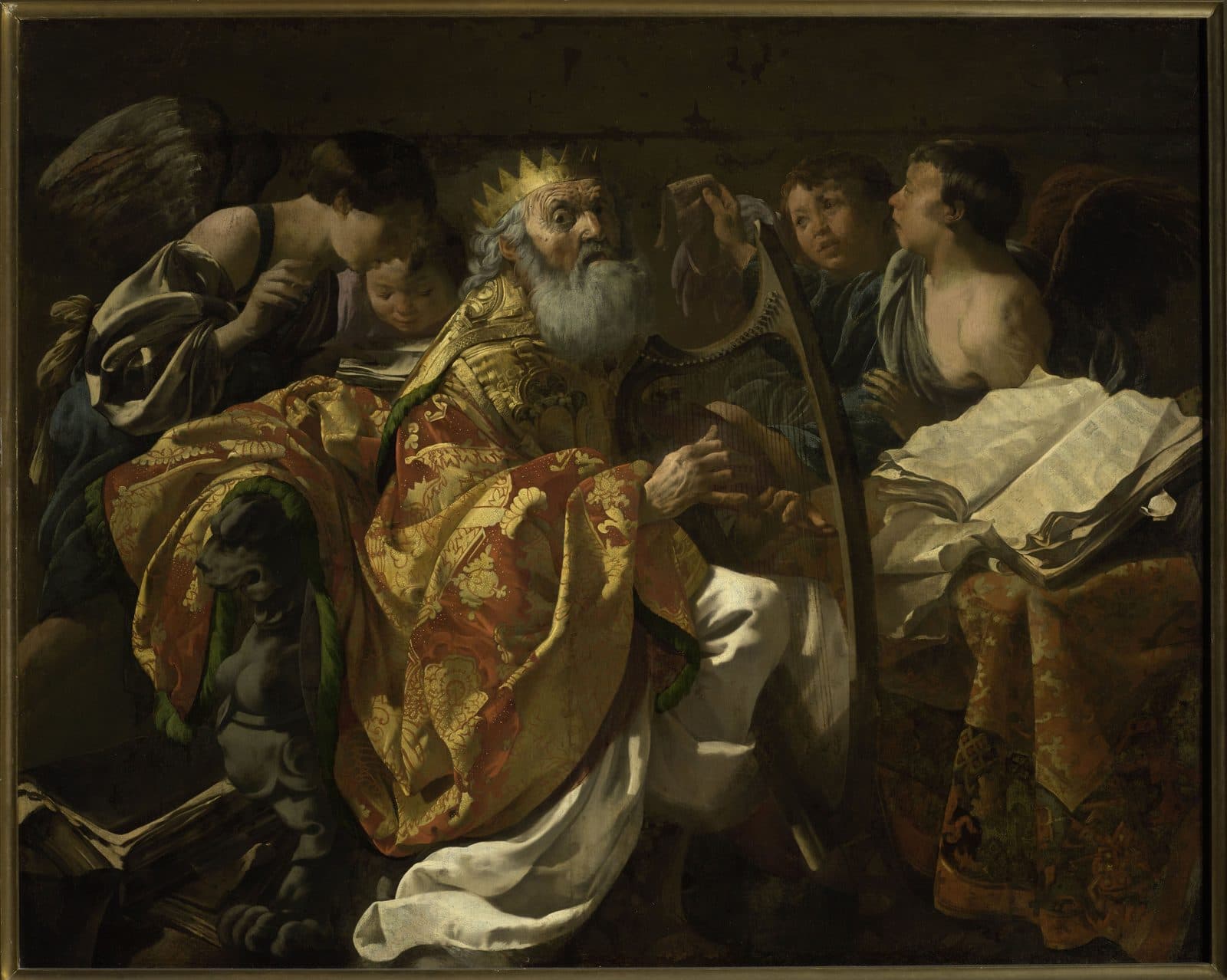 Hendrick ter Brugghen's King David Playing the Harp: the old king, crowned and in a robe of red and gold, plays a harp among singing angels, with an open book of music at his side