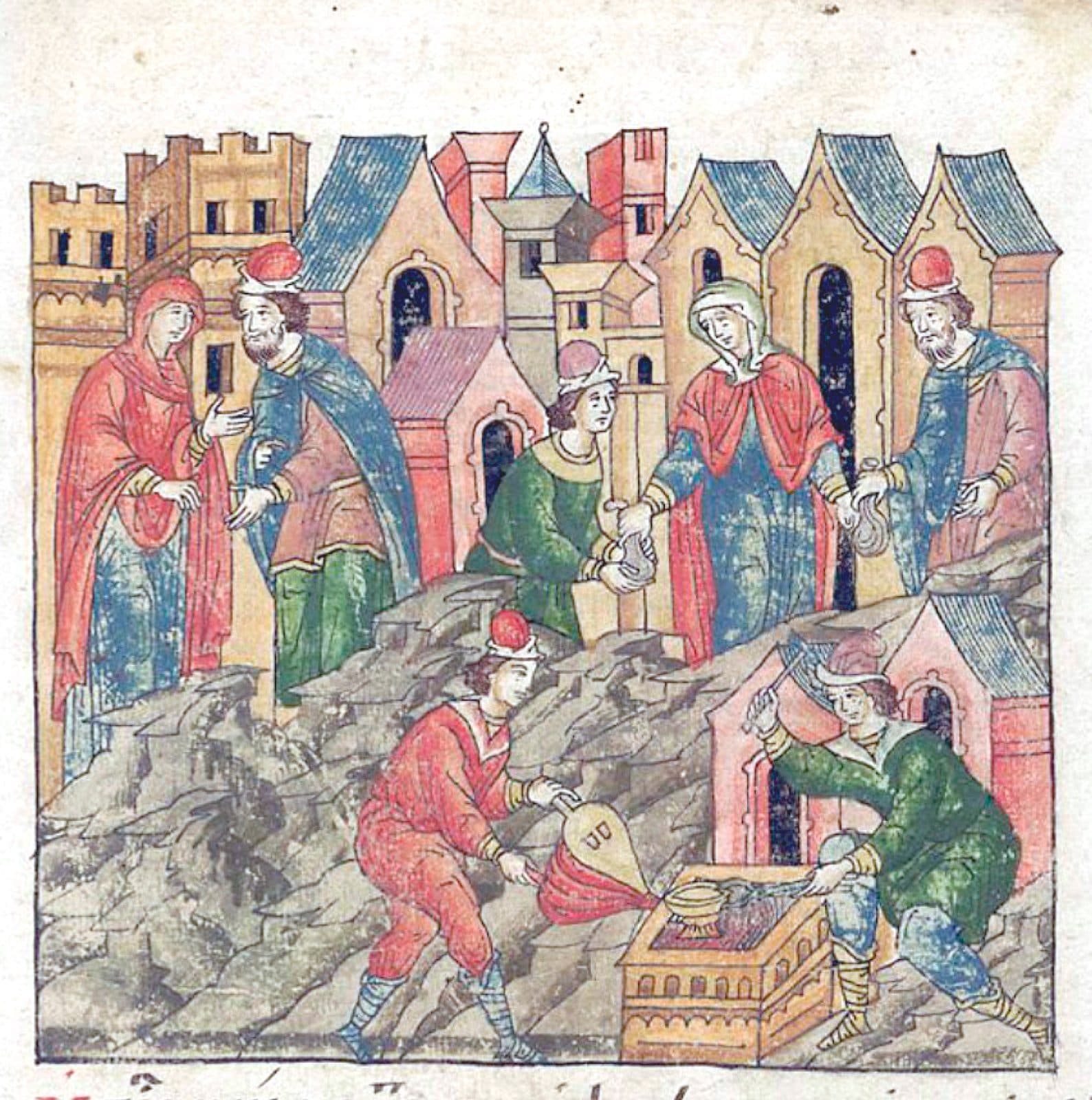 Beneath a town of pink walls and blue roofs, a woman in a red cloak hands a bag of silver to a young man in green while a bearded man holds a second bag, and in front two workmen blow a bellows and work the metal at a small furnace.
