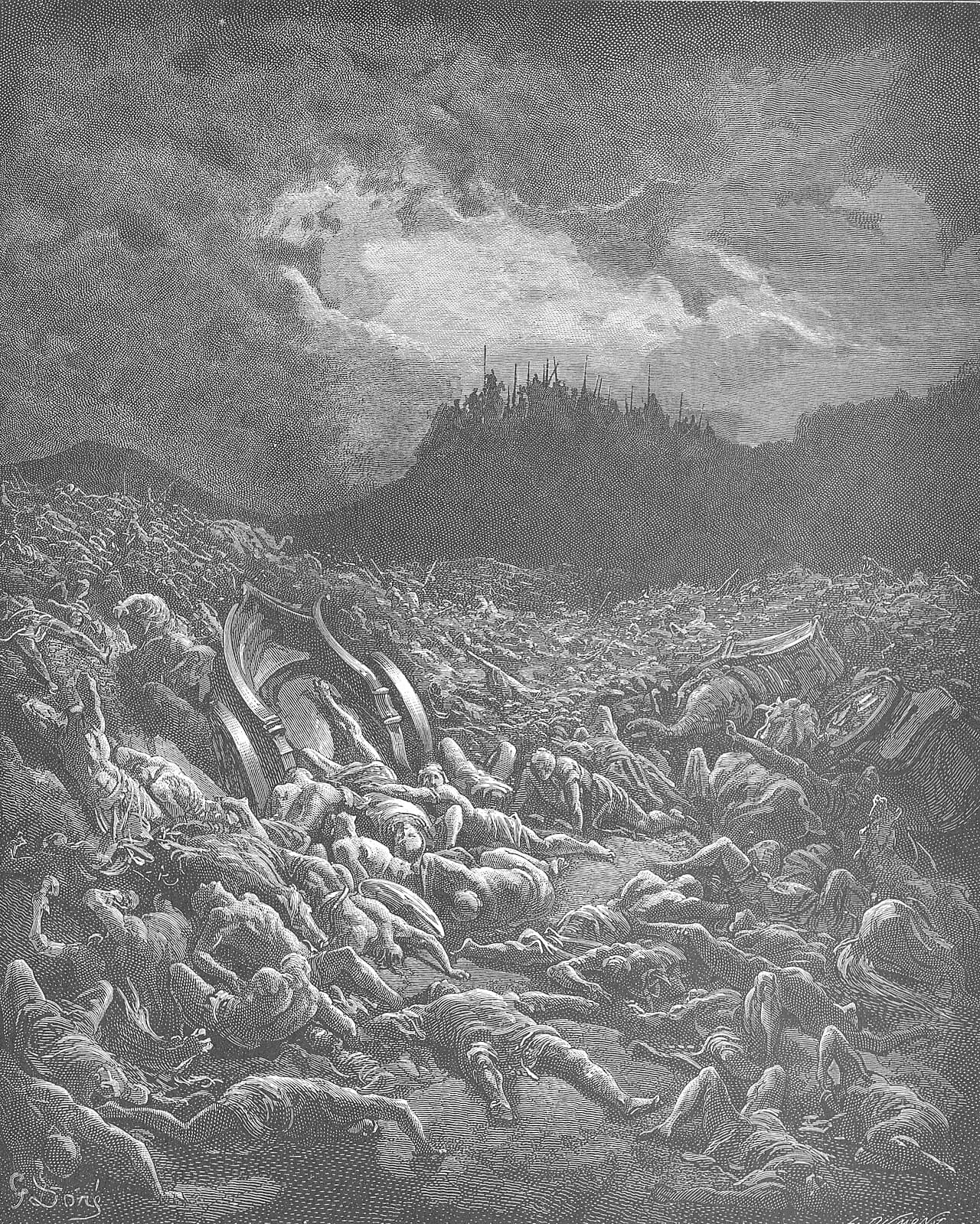 A valley floor covered with fallen soldiers and overturned chariots under a storm sky, with a dark ridge and a line of spears on the skyline