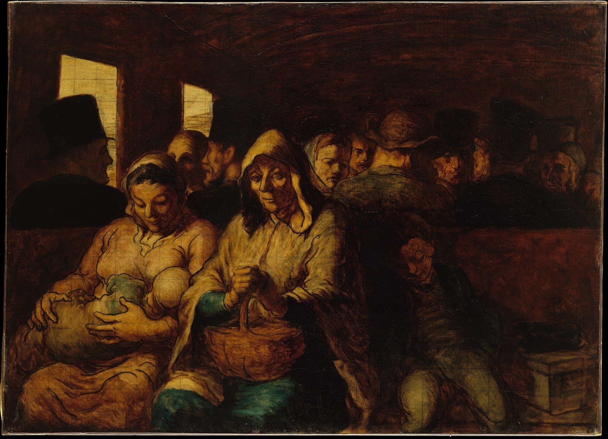 A painting of the crowded third-class carriage of a train, lit dimly by two small windows. On the front bench a young mother nurses her baby, an old woman in a hood sits with her hands folded on a basket in her lap, and a boy sleeps slumped beside her. Rows of men in hats and women in shawls crowd the benches behind them.