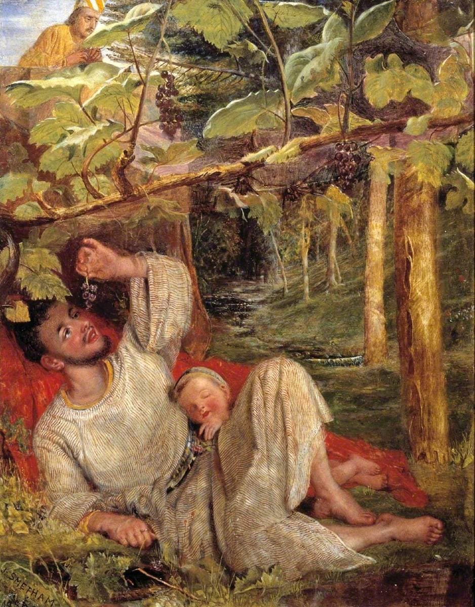 In a vineyard a dark-haired man in a striped white robe lies back on a red cloth under a vine, reaching up to a bunch of grapes with a small child asleep against him, while a crowned man in yellow looks down over a wall at the top left.