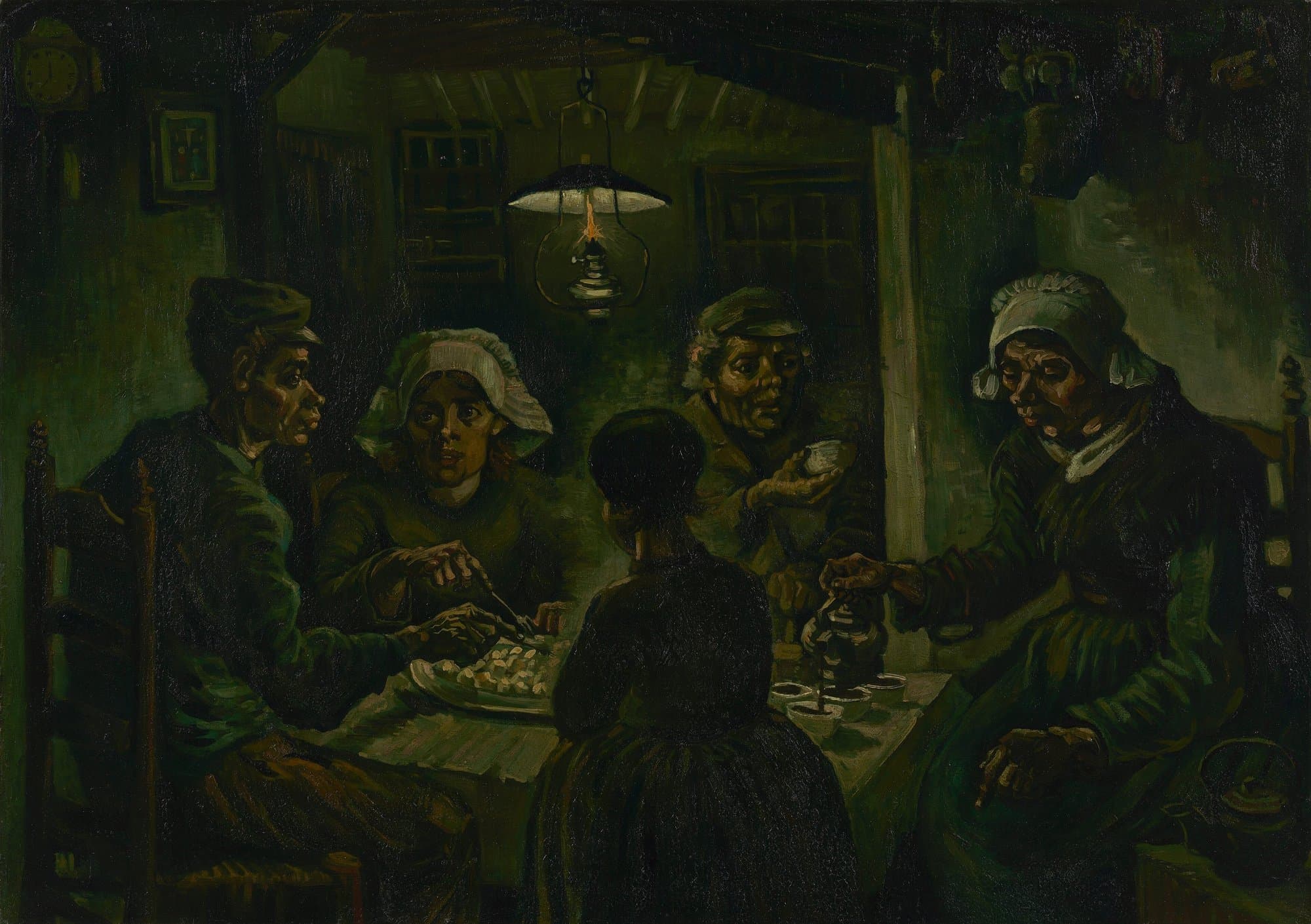 Five peasants sit at a small table under a hanging oil lamp in a dark cottage room; a man and a young woman reach into a dish of potatoes, an older man holds out a cup, a woman on the right pours from a kettle, and a girl sits with her back turned.