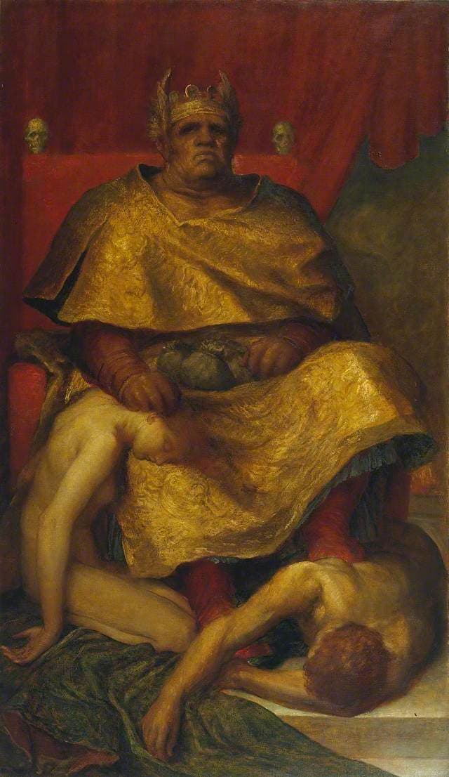 A heavy, crowned figure in a gold robe sits enthroned before a red curtain flanked by two skulls, one hand pressing down the head of a kneeling young woman and a money bag in his lap, while a young man lies face down across his feet.