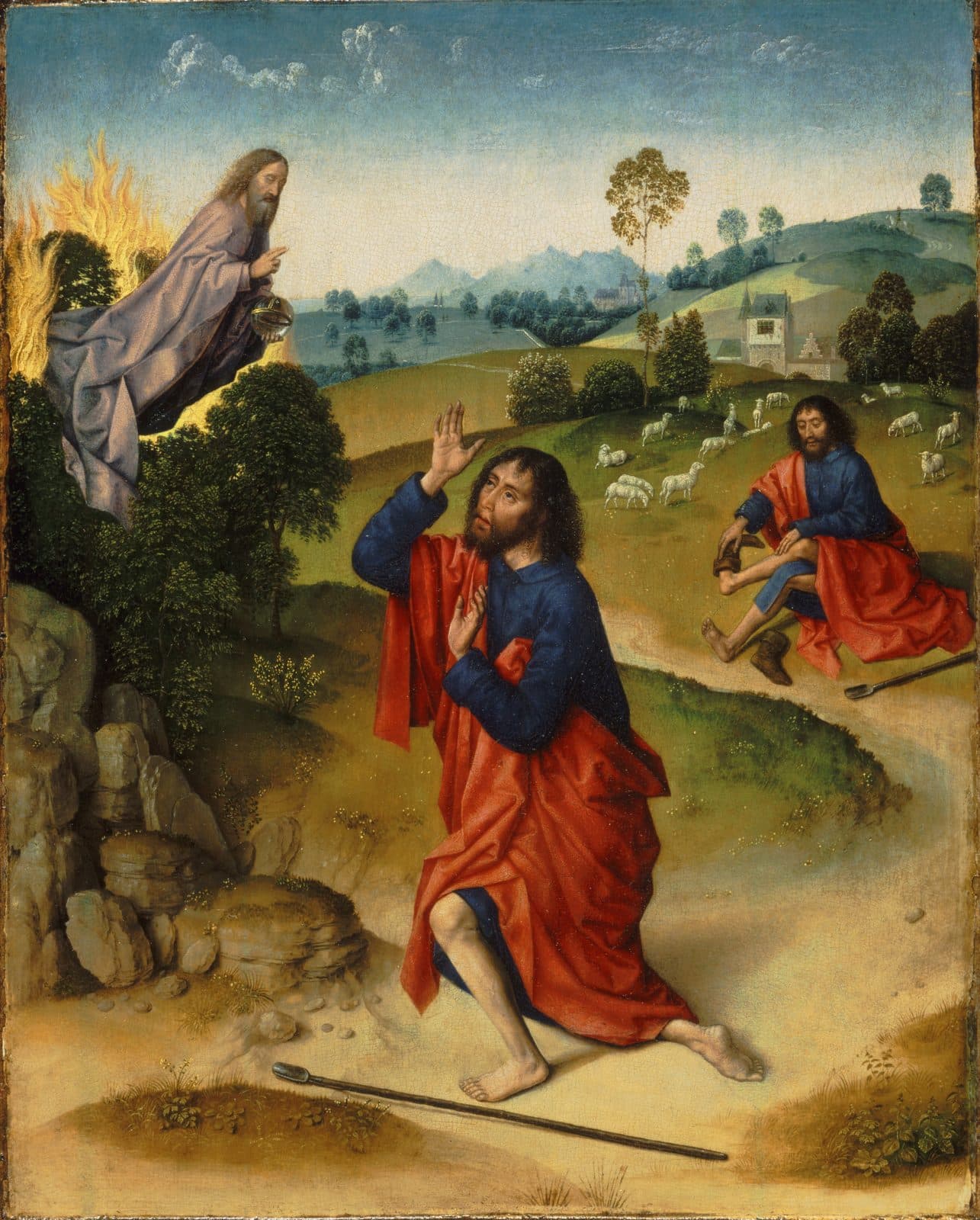 Moses kneels barefoot on a hillside with his hand raised toward God, who appears above a burning bush, while behind him Moses sits by the flock to take off his sandals