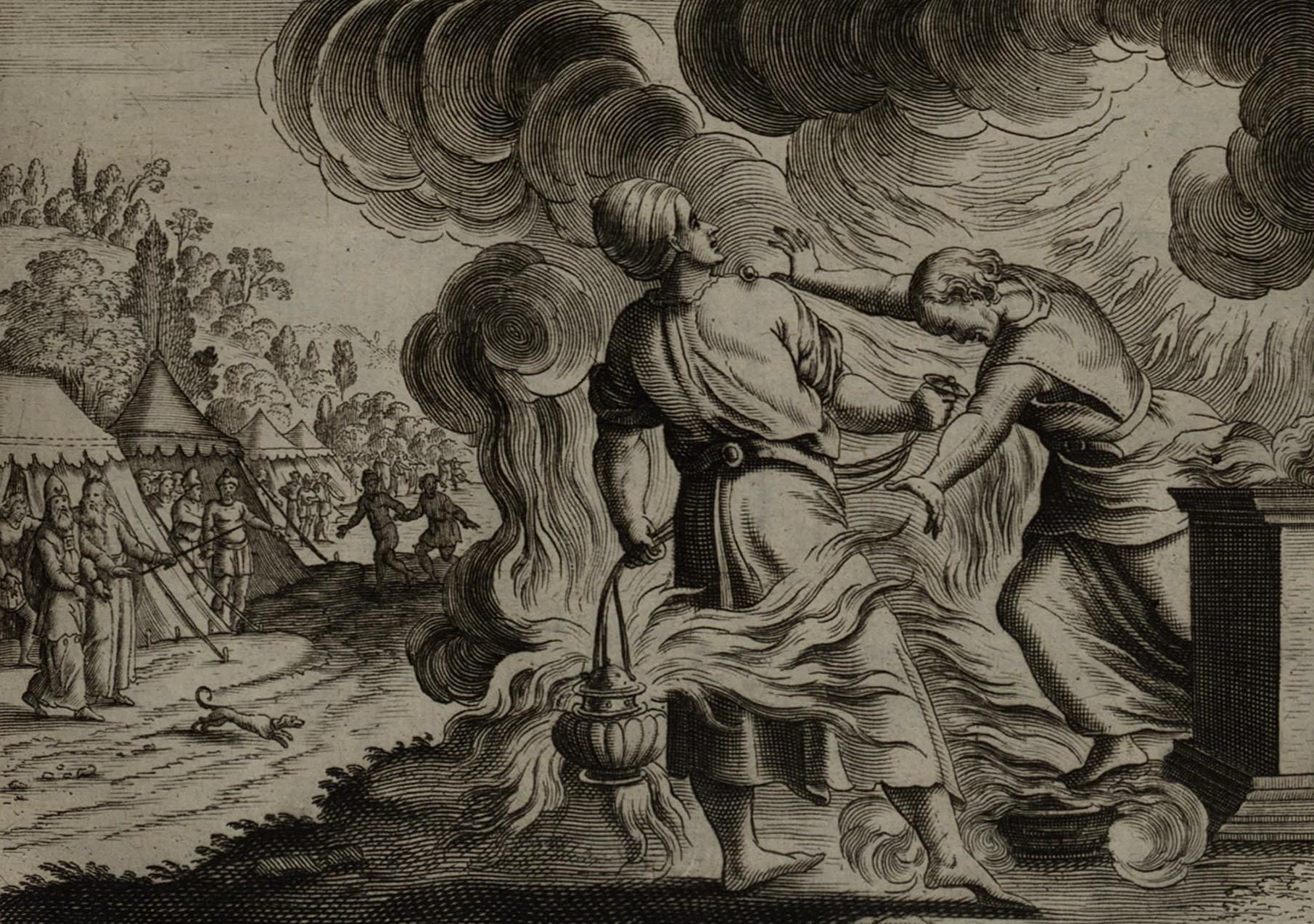 Two priests reel back from a burst of flame beside an altar, one dropping a hanging censer, while elders and a crowd watch from the tents at the left.