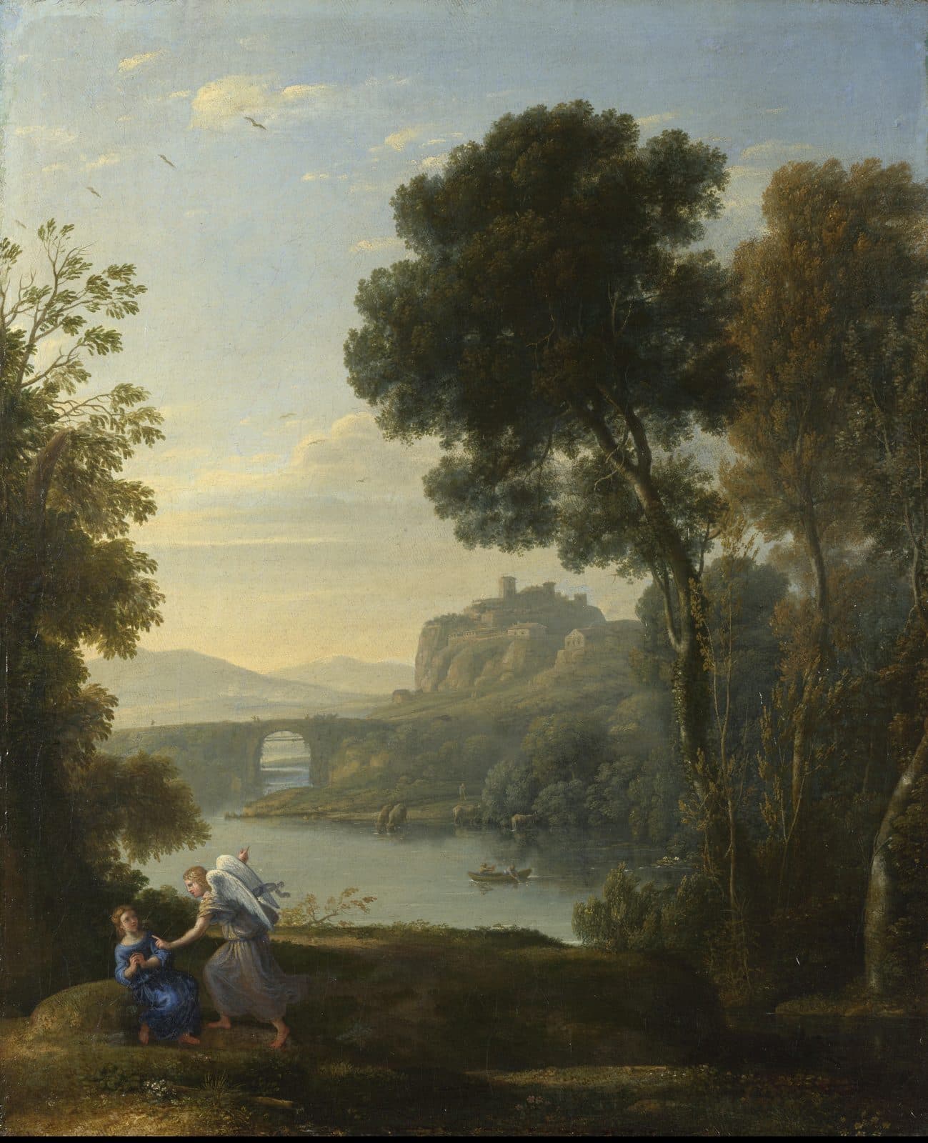 Tall trees rise over a river with an arched stone bridge and a town on a cliff, and at the lower left Hagar sits in a blue robe while a winged angel takes her hand and points back the way she came.