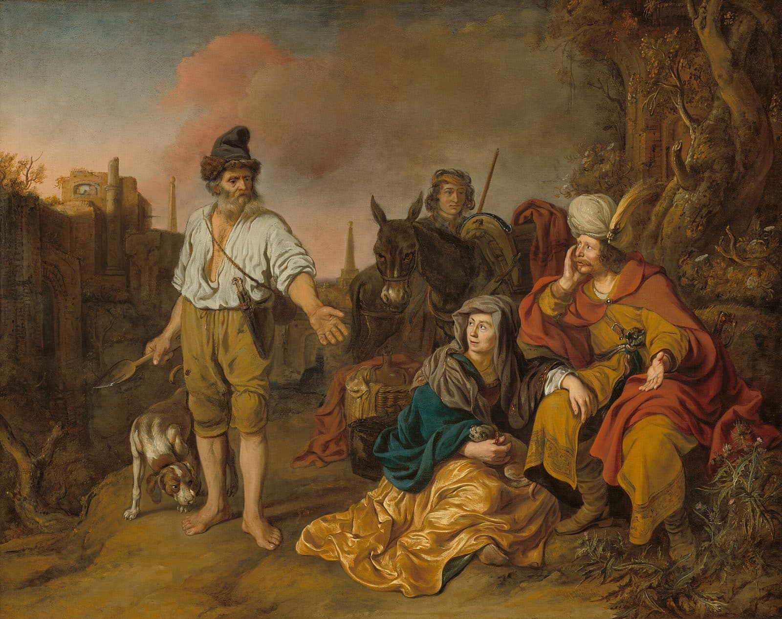 On a road outside a ruined town at dusk, a barefoot old man in a white shirt holding a spade stretches out his hand toward a seated traveller in a turban and red cloak and a woman in a yellow and blue dress, while a young servant stands behind them with a donkey.