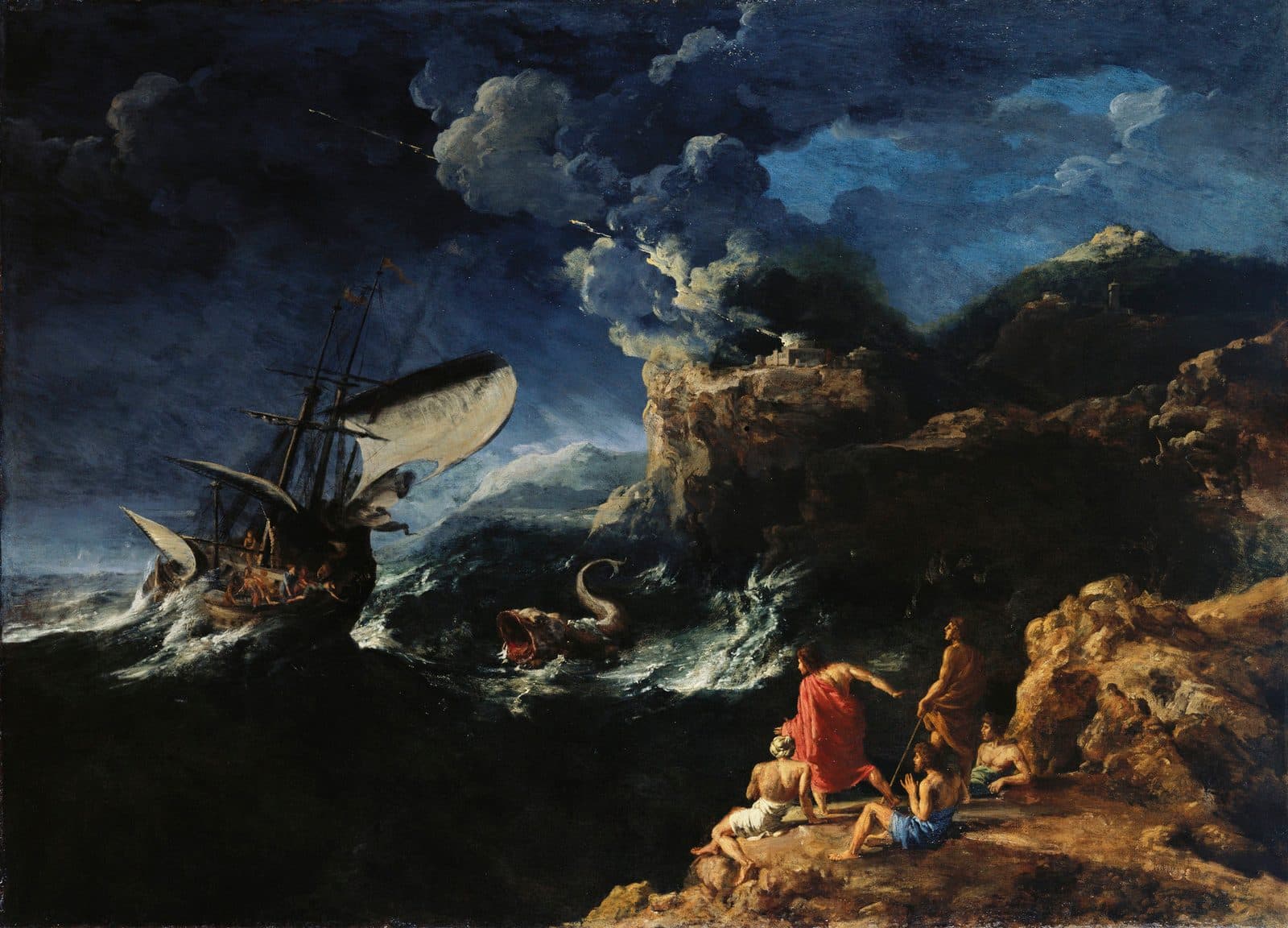 A painting of a dark storm at sea, with a sailing ship heeling in the waves under a torn sail, a great fish with open jaws rising beside it, lightning over a rocky headland, and a group of men on the rocks in the foreground watching and pointing.