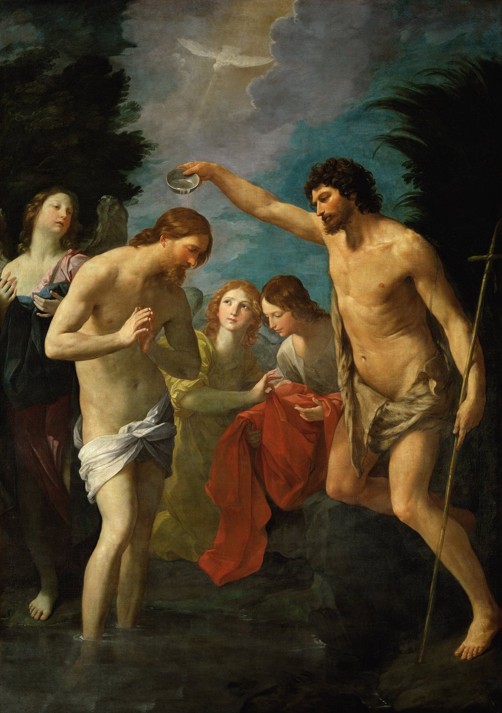 John the Baptist pours water from a bowl over Jesus, who stands in the river with hands joined, as angels hold a red cloth and a dove descends in light above.
