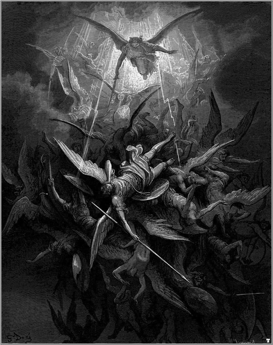 A winged angel in a shaft of light at the top of the plate, and below him a mass of rebel angels with spears and shields tumbling headlong into the dark.