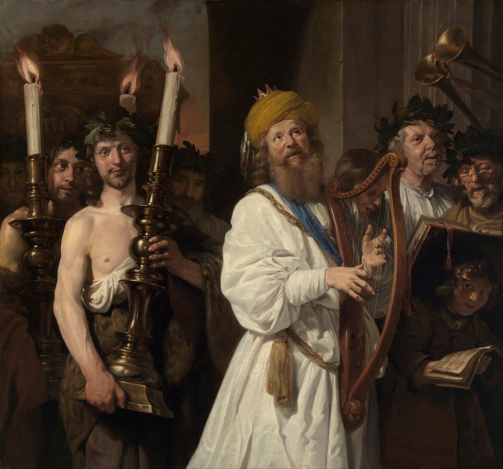 King David, crowned and robed in white, plays the harp and looks upward among singers and candle bearers.