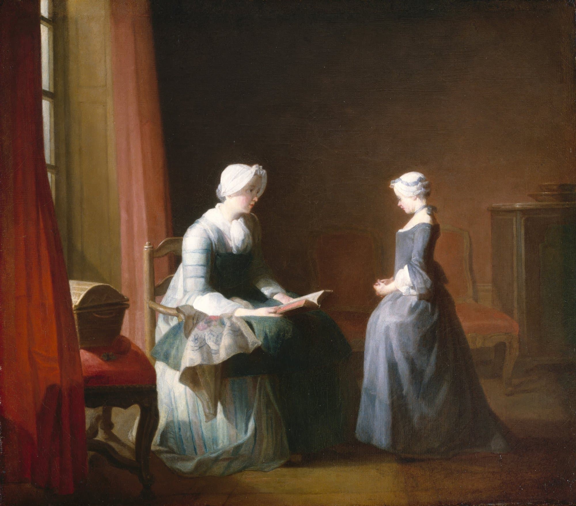 A painting of a quiet room: a mother in a white cap sits by a window with a red curtain, an open book in her hands and her sewing across her lap, while her daughter in a blue dress stands before her with her hands folded and her eyes lowered.