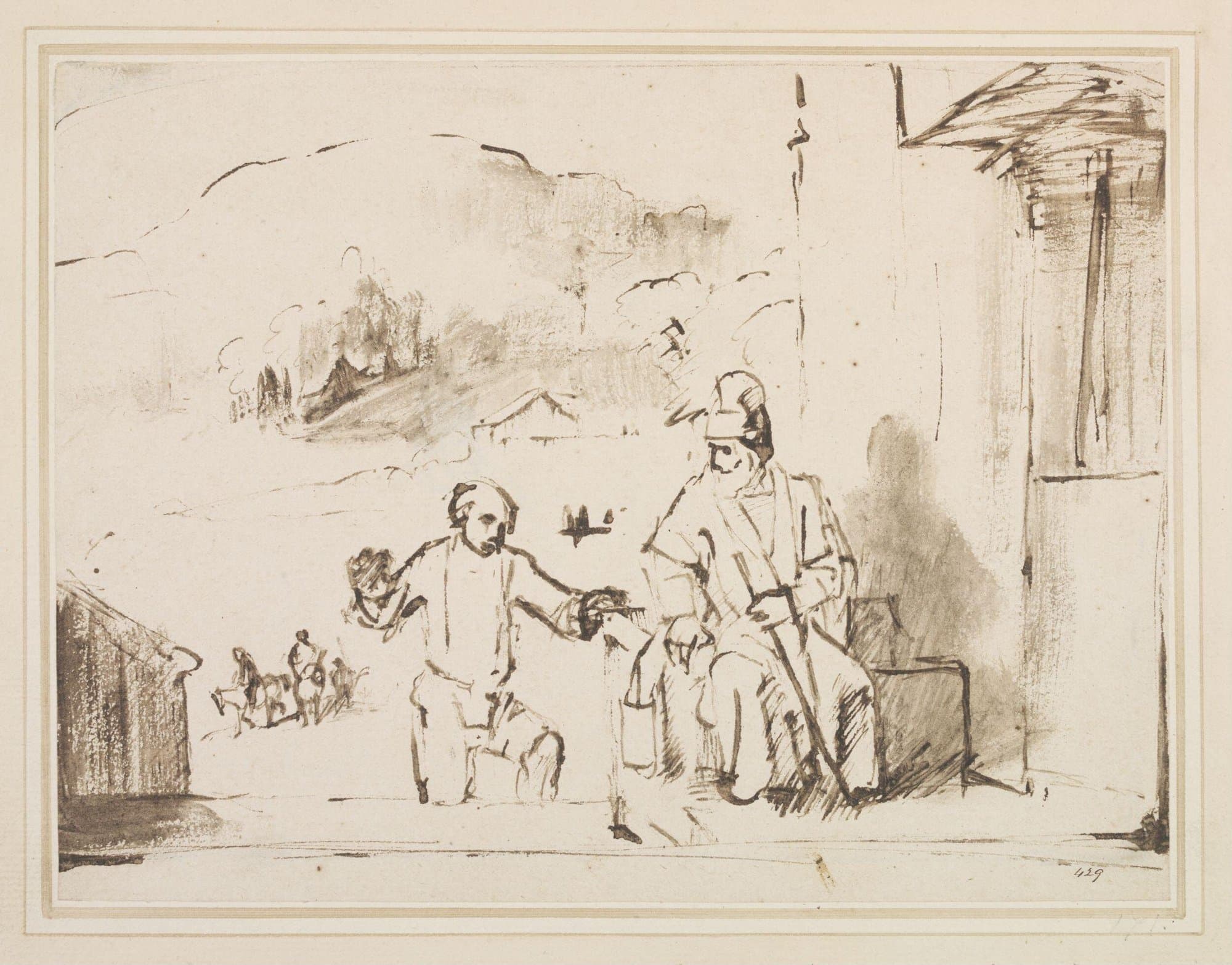 A pen and ink drawing of an old bearded man in a tall cap seated on a bench beside a doorway with a staff, while a younger man kneels before him and reaches out a hand, and small figures move along a road behind them.