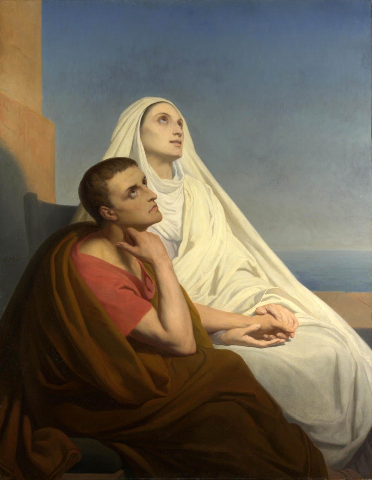 A painting of a woman in a white veil and robe and a young man in a red tunic and brown cloak seated side by side, both looking upward, her hands clasped over his, with the sea and a blue sky behind them.