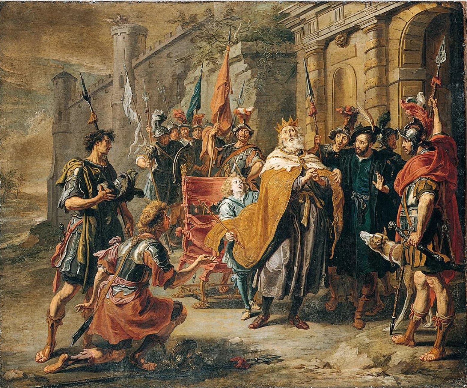 A painting of an old crowned king in a gold cloak looking upward in grief before a city gate, while a kneeling soldier and a standing soldier address him, a page holds his cloak, and armed men with banners crowd behind.