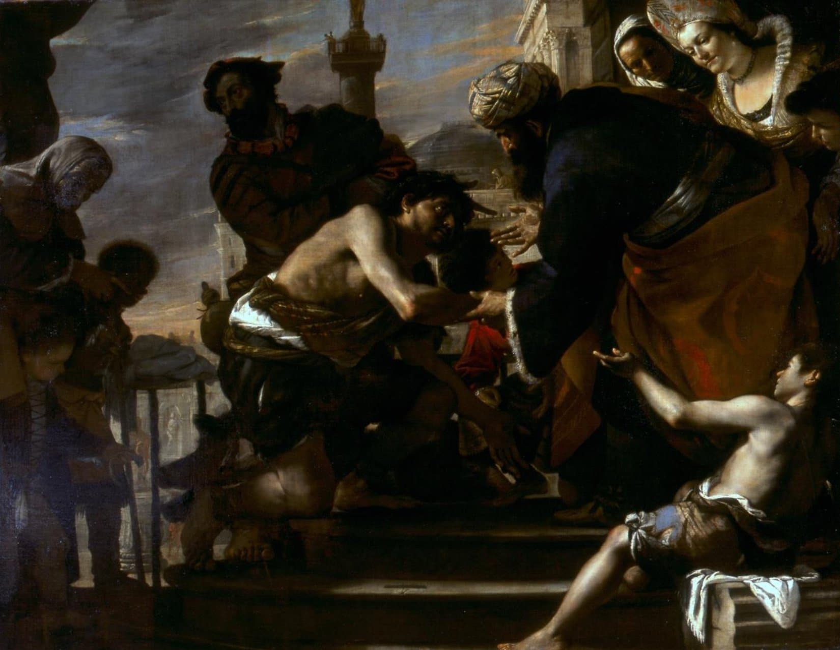 On the steps of a great house, a ragged young man kneels with his arms held out. An old father in a turban and a dark robe bends down to take hold of him, while a boy and two women look on.
