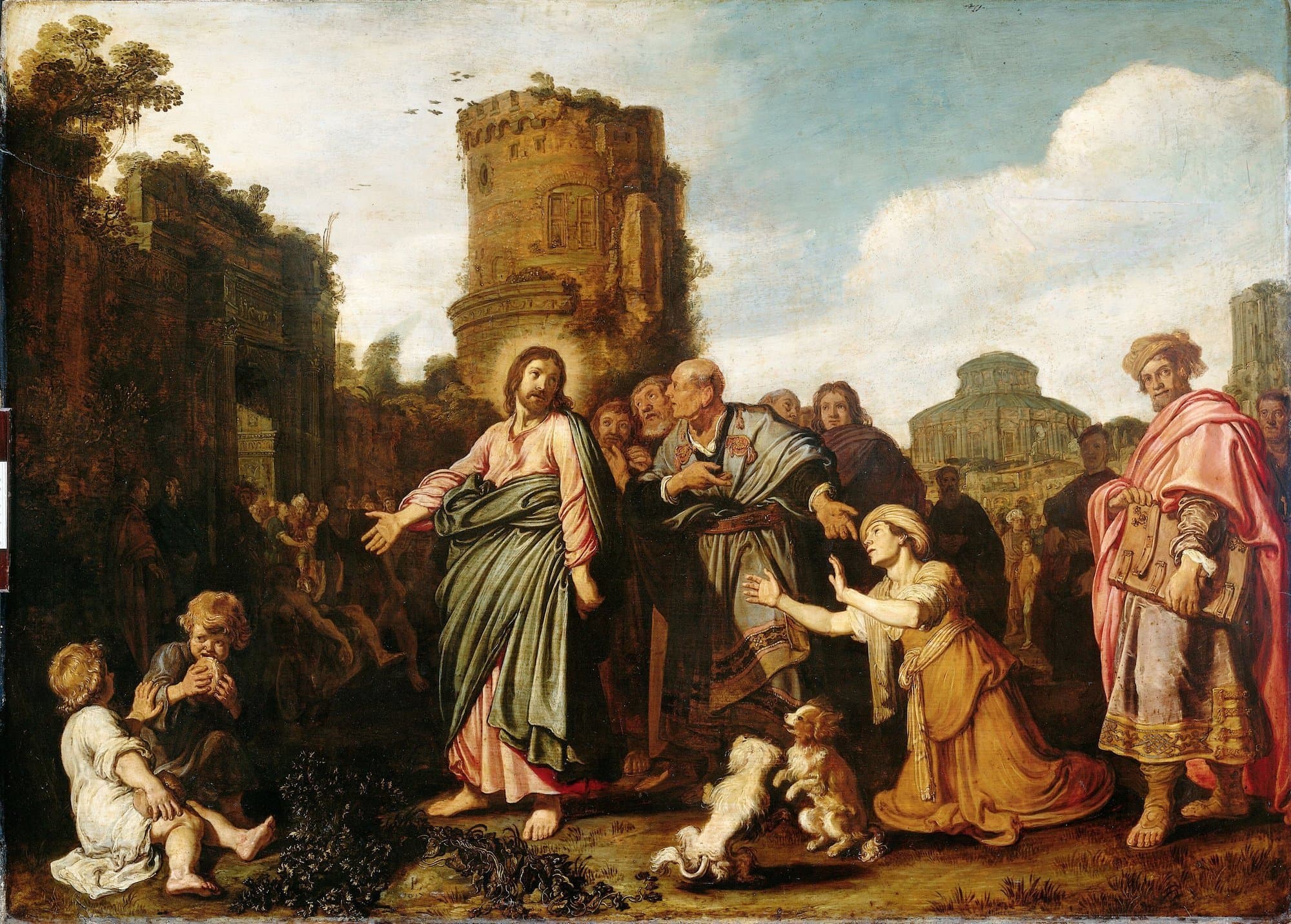A painting of Christ in a pink robe and green mantle turning toward a kneeling woman in a yellow dress who raises her hands to him, with two small dogs at her side, two children eating bread at the left, and a crowd and ruined tower behind.