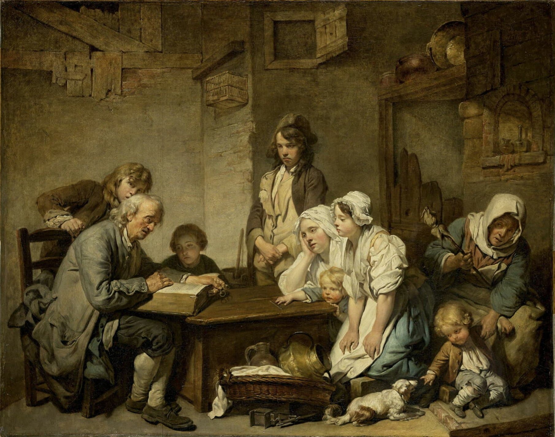A painting of a plain farmhouse room: an old man in a grey coat sits at a wooden table reading aloud from a large open Bible, while boys lean over his shoulder and across the table, a young mother rests her head on her hand beside her daughter, a small child peers over the table's edge, an old woman with a distaff listens at the right, and a toddler on the boards of the room reaches for a small dog.