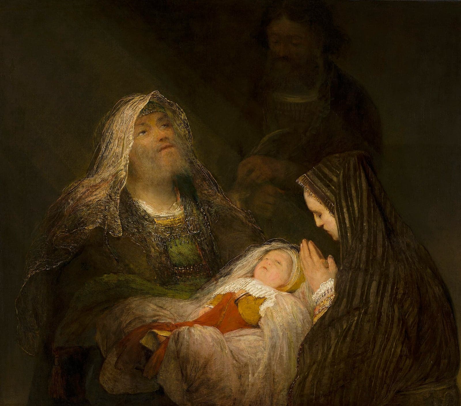 A painting of an old man in a pale headcloth holding a sleeping infant in his arms, with a young woman praying beside him and a bearded man standing behind them in shadow.