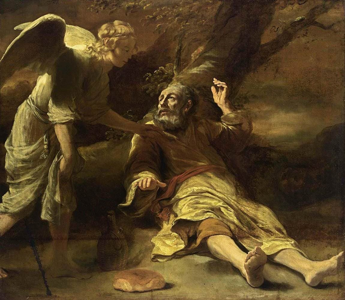 A painting of an old bearded man in a yellow robe lying on the ground beneath a tree with one hand raised, while a winged angel bends over him and touches his shoulder, and a loaf of bread and a wicker-covered jar stand on the ground beside him.