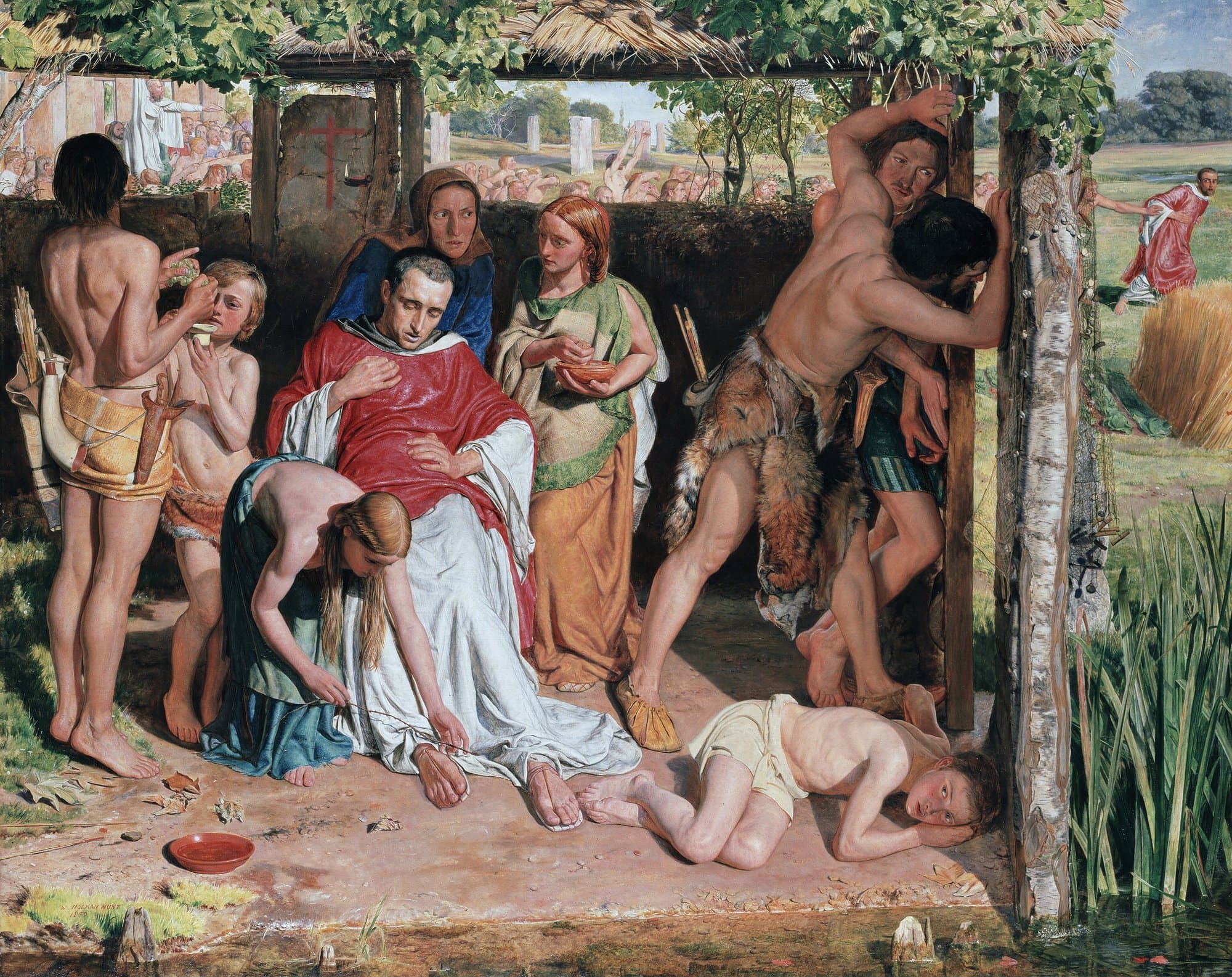 A painting of a wounded missionary in a red and white robe slumped in the shelter of a thatched hut, tended by a family of ancient Britons, while two men at the doorway watch for pursuers and, in the background, a crowd drives another robed man away from a ring of standing stones.