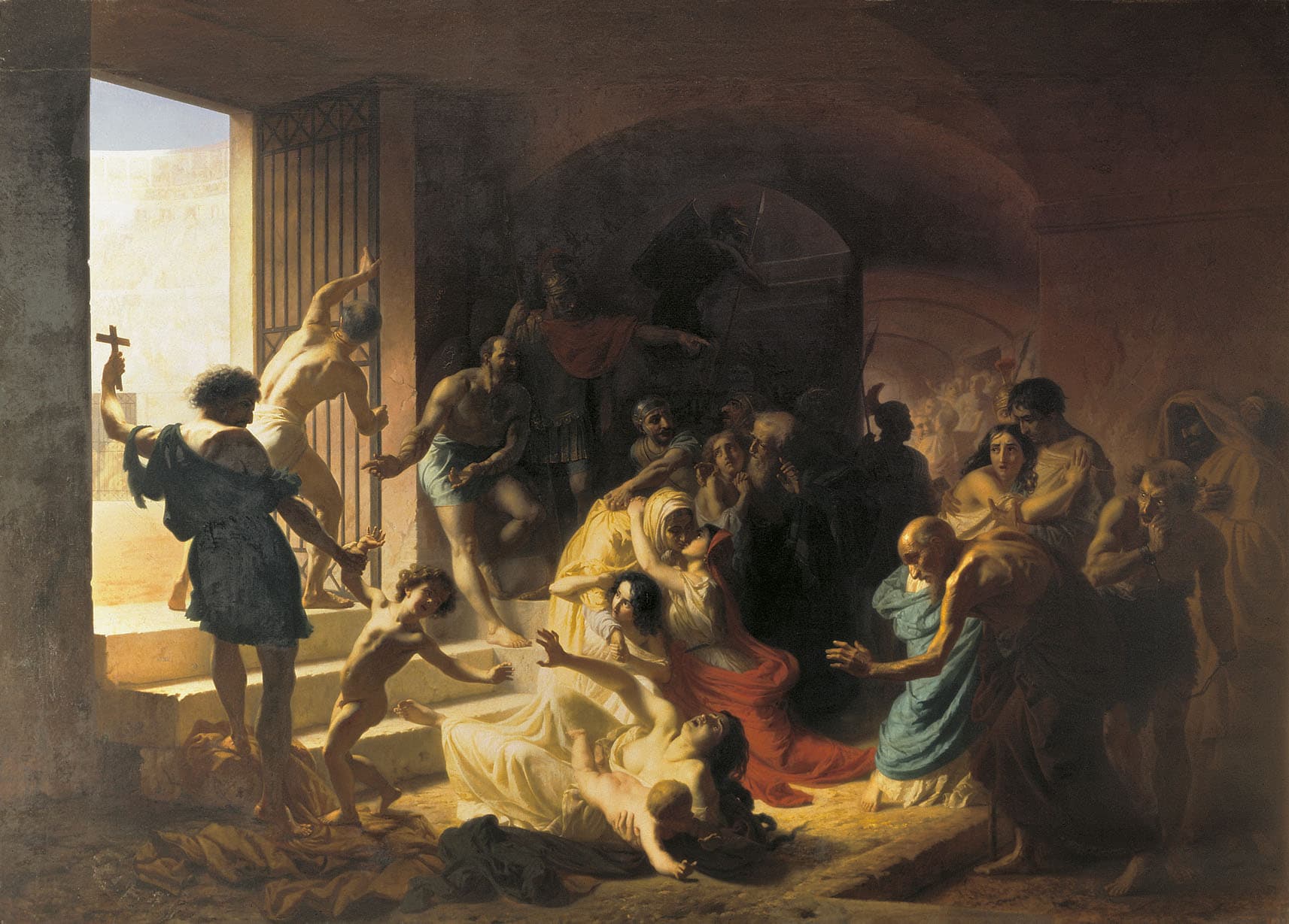 In a vaulted cell under the arena, Christian men, women and children pray and cling to one another as a guard opens the gate to the sunlit sand.