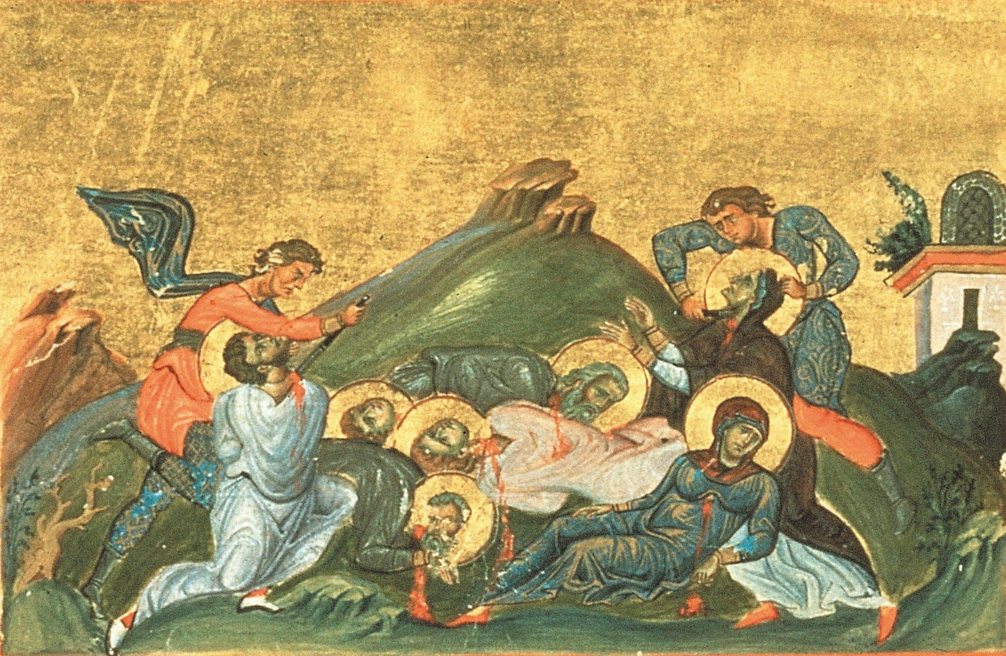 A Byzantine miniature on a gold ground of two executioners raising swords over a group of haloed martyrs, men and women, who kneel or lie on a green hillside, with a small domed building at the right.