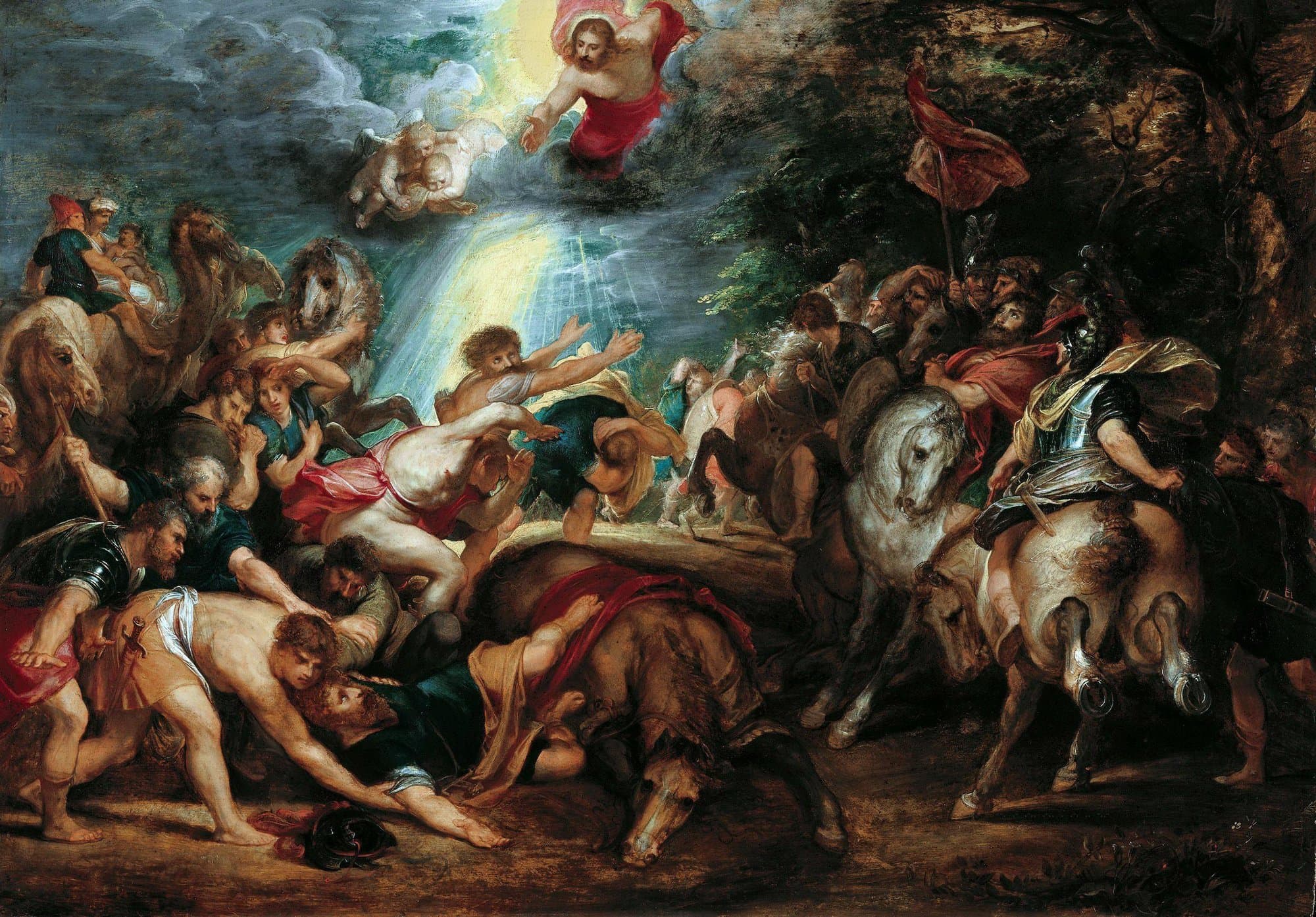 Saul lies thrown from his horse on the ground at the left while his companions fall and their horses rear in panic, and Christ appears in a burst of light among the clouds above them.