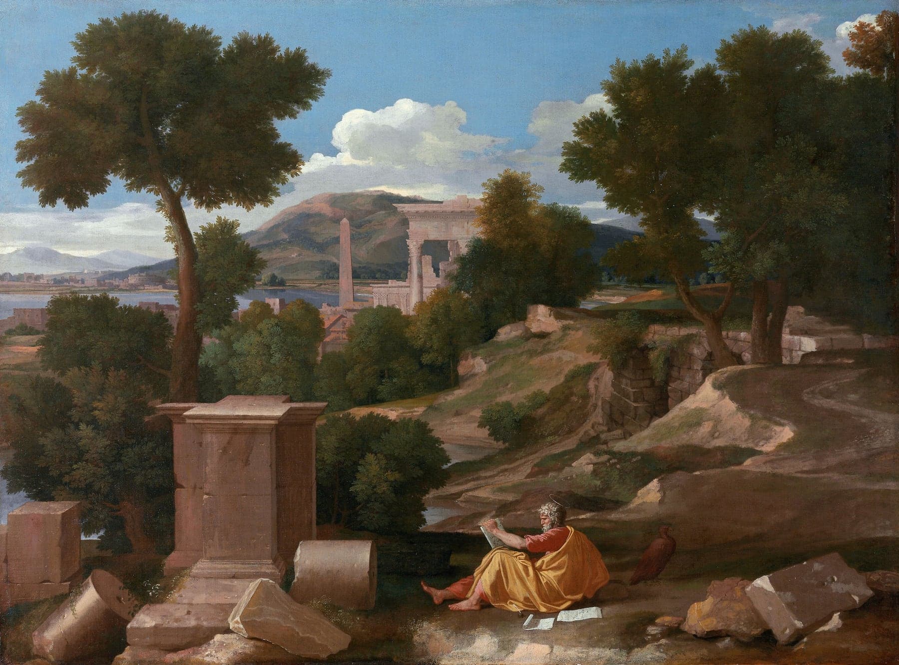 A painting of wide open country with fallen columns and a temple, where the apostle John sits writing on a rock beside an eagle.