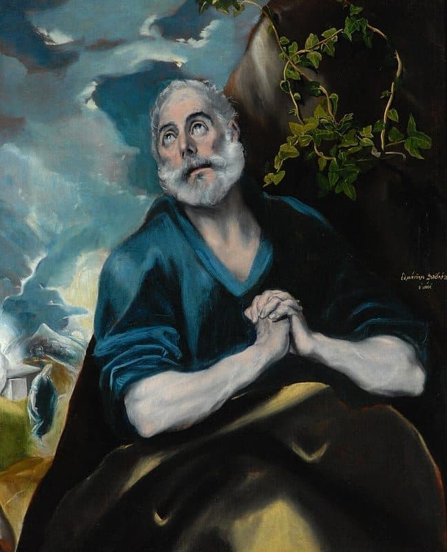 Peter, half length, white haired, in a blue tunic and a brown mantle, his hands clasped and his eyes raised to the sky beside a rock hung with ivy; at the far left a woman in blue walks away from an open tomb